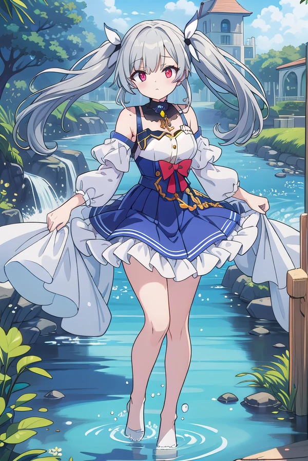 1girl, dragon princess, cute smile, small breasts, light-blue one piece dress, short white hair, silver diadem, smooth parted bangs, waterfall palace, water, sky, masterpiece quality, ultra HD, 4K, best quality,