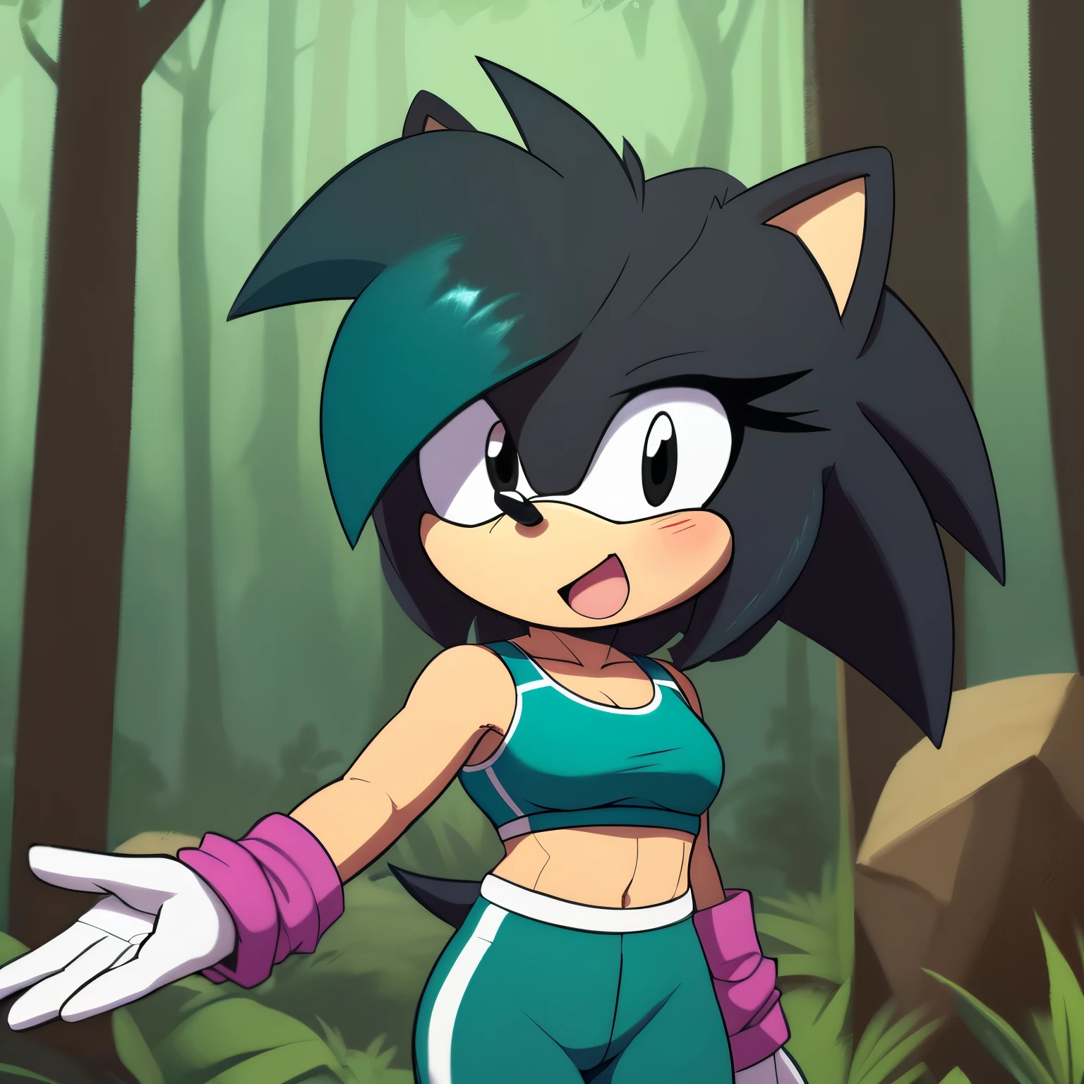 score_9, score_8_up, score_7_up, ((Masterpiece)), high quality, studio quality, 1girl, Female, Mobian, Hedgehog, (((black fur))), (((Gine Hairstyle))), ((black eyes)), short hair, (((black hair/quills))), bare shoulders, (((teal colored sports bra))), medium breasts, looking at viewer, blush, ((black hair bangs)), forest, mouth slightly open, curious expression, Gine as a Mobian Hedgehog