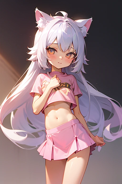 1girl, silver hair, golden eyes with pupils, ((skinny)), ((petite)), small, ((neko)), (cropped solid pastel pink tshirt), long hair, short skirt, (((???))), cat ears, happy, blush, midriff, at school