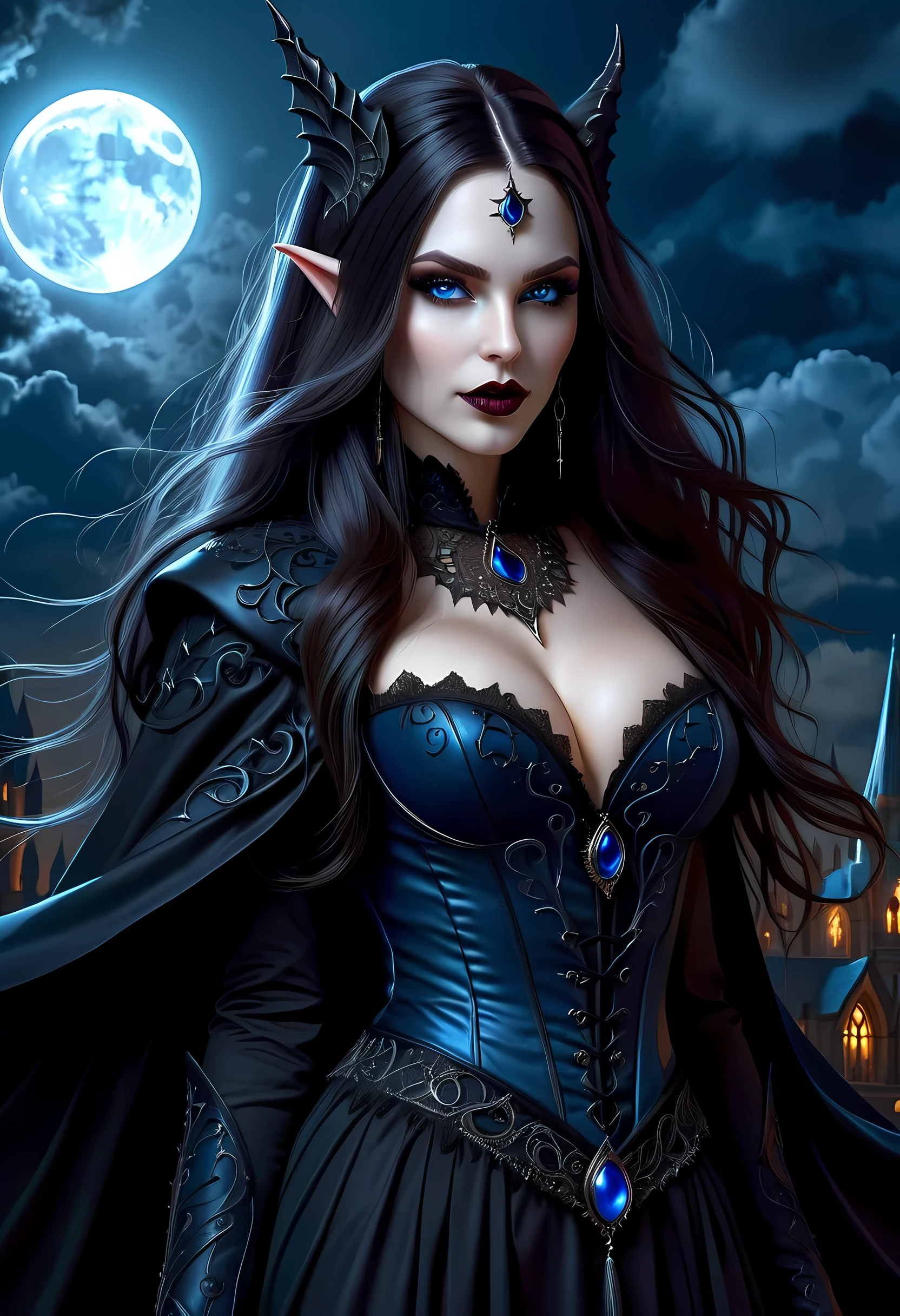 fantasy art, gothic art, (masterpiece:1.5), full body best details, highly detailed, best quality, WitchcraftPunkAI,  highres, full body portrait of a vampire, elf (Masterpiece, best quality: 1.6), ultra feminine, wizard, (intricate details, Masterpiece, best quality: 1.5) with a long curvy hair, dark color hair, (blue:1.3) eyes, (fantasy art, Masterpiece, best quality), ((beautiful delicate face)), Ultra Detailed Face (intricate details, fantasy art, Masterpiece, best quality: 1.5), [[vampiric fangs 1.5]] (white cloak: 1.3) , flowing cloak (intricate details, fantasy art, Masterpiece, best quality: 1.3), wearing an intricate (black: 1.2) dress (intricate details, fantasy art, Masterpiece, best quality: 1.5), high heeled boots, urban background (intense details, beat details), fantasy, at night light, natural ,moon light, clouds, gothic atmosphere, soft light, dynamic light, [[anatomically correct]], high details, best quality, 8k, [ultra detailed], masterpiece, best quality, (extremely detailed), dynamic angle