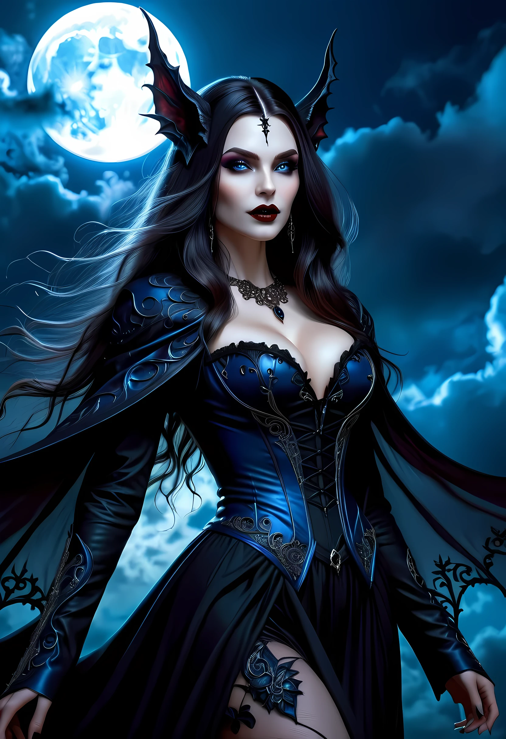 fantasy art, gothic art, (masterpiece:1.5), full body best details, highly detailed, best quality, WitchcraftPunkAI,  highres, full body portrait of a vampire, elf (Masterpiece, best quality: 1.6), ultra feminine, wizard, (intricate details, Masterpiece, best quality: 1.5) with a long curvy hair, dark color hair, (blue:1.3) eyes, (fantasy art, Masterpiece, best quality), ((beautiful delicate face)), Ultra Detailed Face (intricate details, fantasy art, Masterpiece, best quality: 1.5), [[vampiric fangs 1.5]] (white cloak: 1.3) , flowing cloak (intricate details, fantasy art, Masterpiece, best quality: 1.3), wearing an intricate (black: 1.2) dress (intricate details, fantasy art, Masterpiece, best quality: 1.5), high heeled boots, urban background (intense details, beat details), fantasy, at night light, natural ,moon light, clouds, gothic atmosphere, soft light, dynamic light, [[anatomically correct]], high details, best quality, 8k, [ultra detailed], masterpiece, best quality, (extremely detailed), dynamic angle