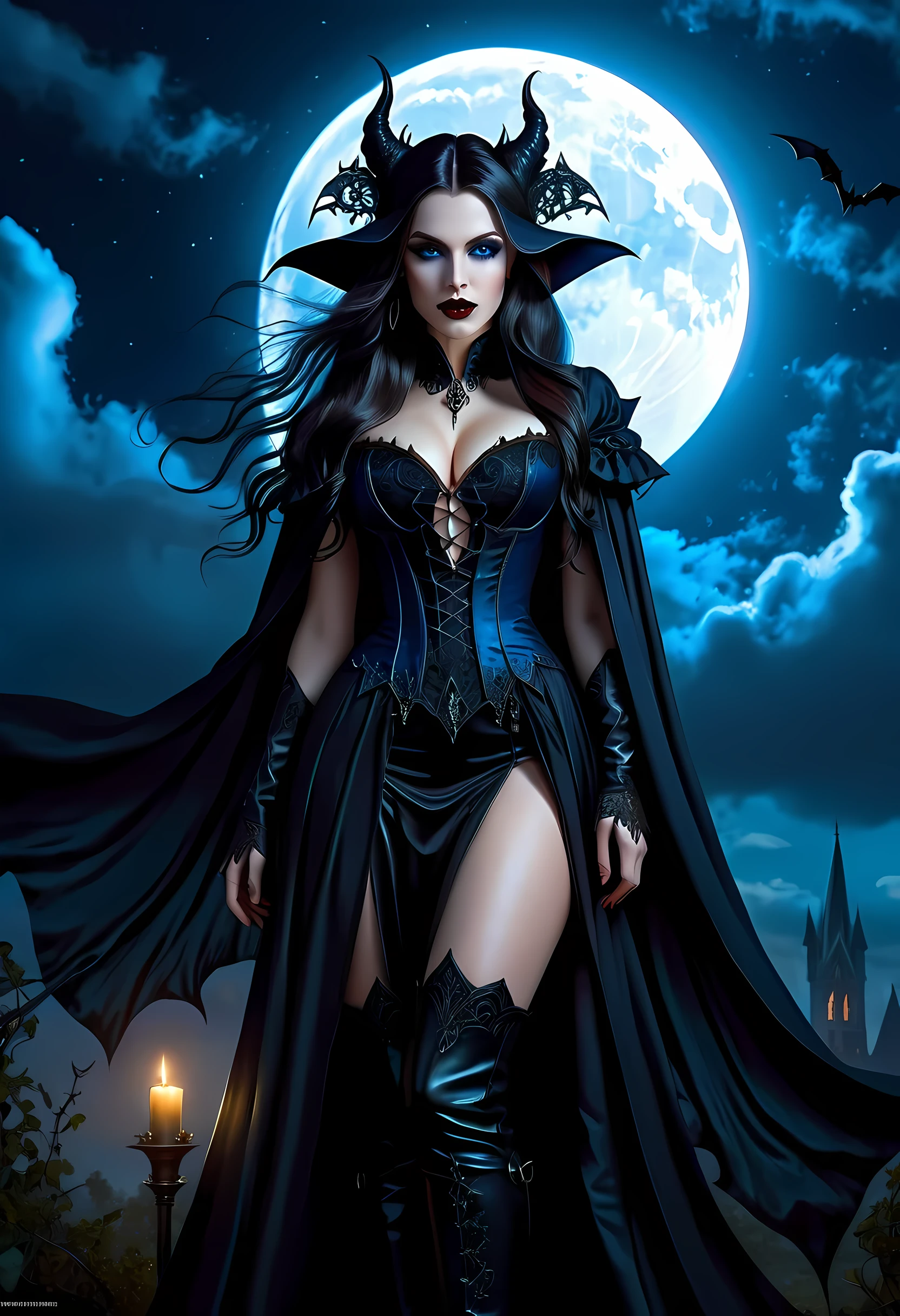 fantasy art, gothic art, (masterpiece:1.5), full body best details, highly detailed, best quality, WitchcraftPunkAI,  highres, full body portrait of a vampire, elf (Masterpiece, best quality: 1.6), ultra feminine, wizard, (intricate details, Masterpiece, best quality: 1.5) with a long curvy hair, dark color hair, (blue:1.3) eyes, (fantasy art, Masterpiece, best quality), ((beautiful delicate face)), Ultra Detailed Face (intricate details, fantasy art, Masterpiece, best quality: 1.5), [[vampiric fangs 1.5]] (white cloak: 1.3) , flowing cloak (intricate details, fantasy art, Masterpiece, best quality: 1.3), wearing an intricate (black: 1.2) dress (intricate details, fantasy art, Masterpiece, best quality: 1.5), high heeled boots, urban background (intense details, beat details), fantasy, at night light, natural ,moon light, clouds, gothic atmosphere, soft light, dynamic light, [[anatomically correct]], high details, best quality, 8k, [ultra detailed], masterpiece, best quality, (extremely detailed), dynamic angle