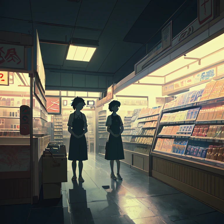midnight convenience store, Movie Still, by Makoto Shinkai and Makoto Niitsu style, (masterpiece, best quality, Professional, perfect composition, very aesthetic, absurdres, ultra-detailed, intricate details:1.3)