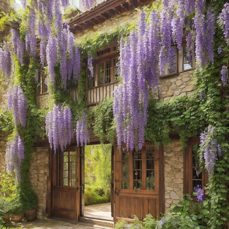 Imagine an old rustic house covered in lush purple wisteria vines, with cascades of flowers draping over roof, climbing up the weathered walls. The sunlight filtering through the flowers creates a dreamy, ethereal atmosphere. The house from the outside is beyond gorgeous 