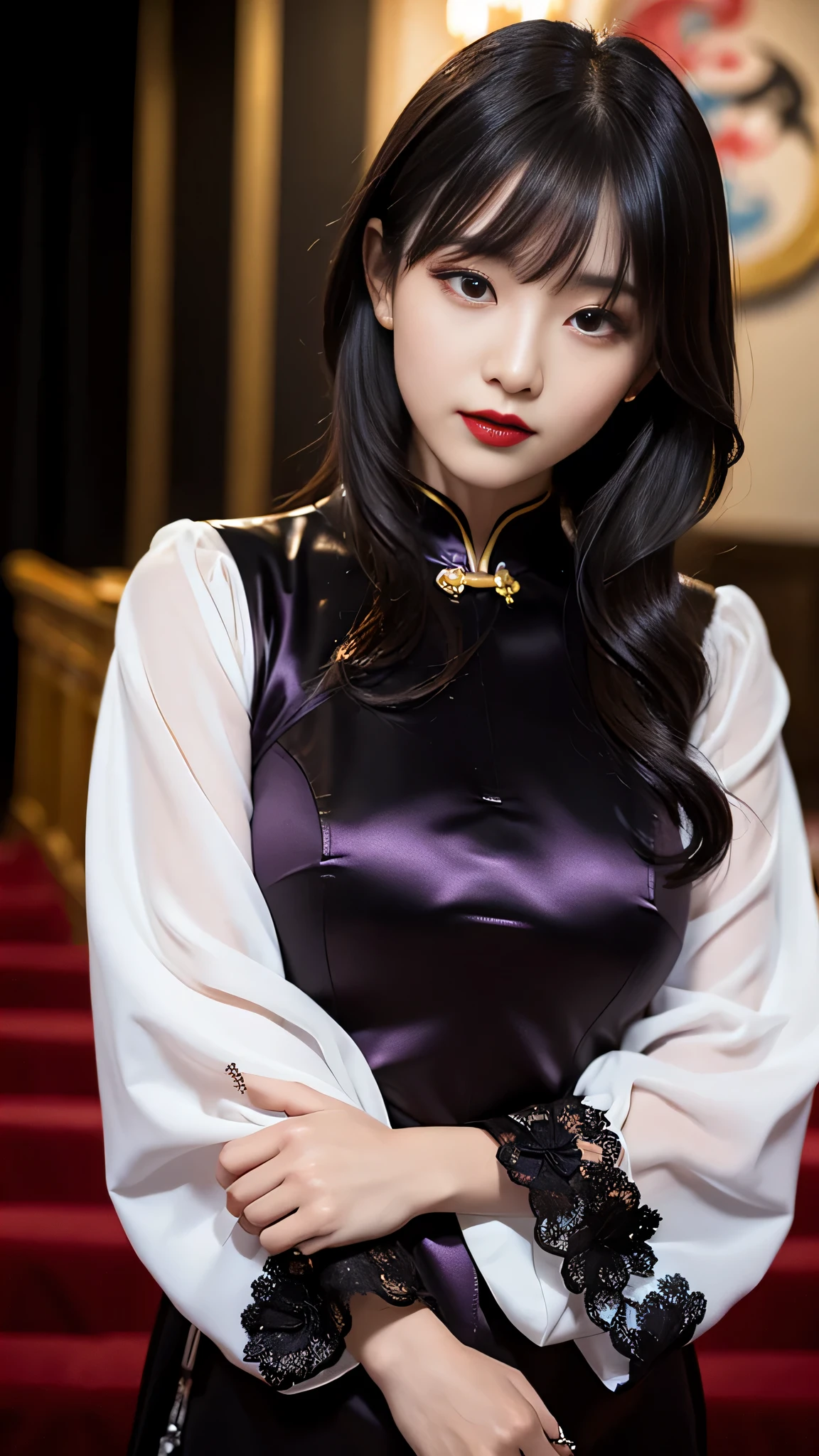 tra-detailed、Japanese、attractive beauty、seductive adult woman、pretty woman、piercing eyes、cool girl、wavy hair、swept bangs、Long Black Cheongsam、wide sleeves、Evil cadres、evil depravity、brainwash、mind control、lipstick、lip gloss、dark makeup、smirk、whisper in your ear、Evil expression、evil、hollow eyes,half-closed eyes、empty eyes、evil、church at night、vampire、succubus、vampire、Hypnosis、Swear allegiance、sexy pose、