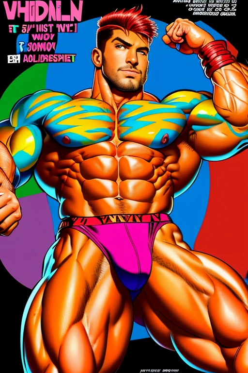 (a muscular man in vivid colors, shirtless:1.1, Kirbywood style, vintage color comics, showcasing:1.1, sharp focus, hi-res details, intricate features, creating, vivid colors, masterpiece:1.2, 8k quality)