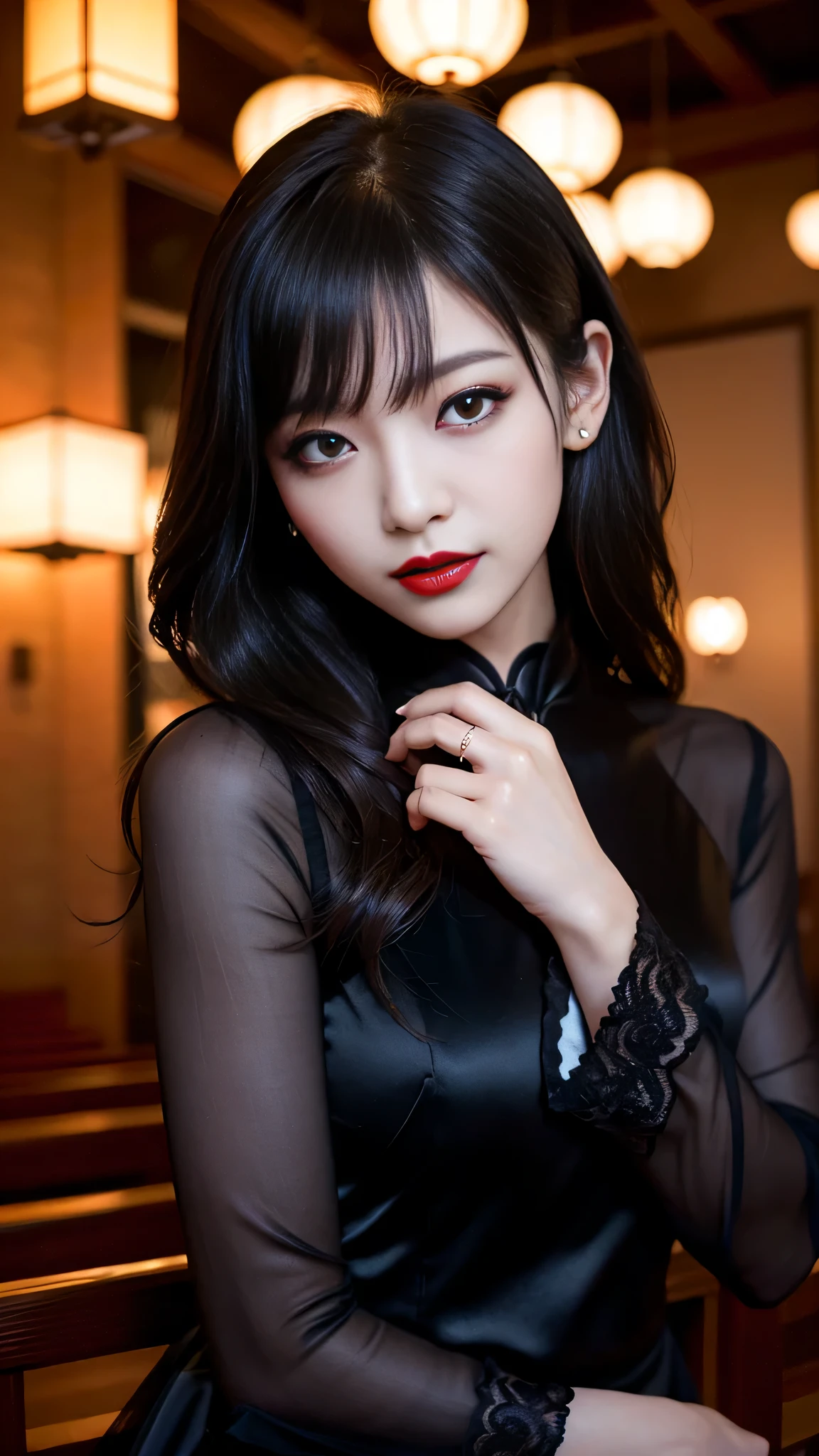 tra-detailed、Japanese、attractive beauty、seductive adult woman、pretty woman、piercing eyes、cool girl、wavy hair、swept bangs、Long Black Cheongsam、wide sleeves、Evil cadres、evil depravity、brainwash、mind control、lipstick、lip gloss、dark makeup、smirk、whisper in your ear、Evil expression、evil、hollow eyes,half-closed eyes、empty eyes、evil、church at night、vampire、succubus、vampire、Hypnosis、Swear allegiance、sexy pose、