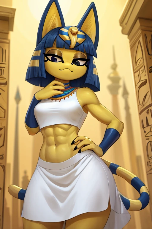 ((best quality)), ((masterpiece)), (detailed), perfect face, a digital artwork of Ankha with abs wearing a crop top of her white  sleeveless  dress outfit with a bare midriff and a bare navel, Egyptian setting, smug face, 