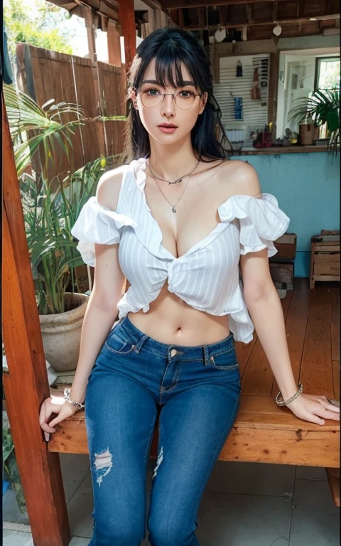 Highly detailed CG Unity 8k wallpaper, highest quality, masterpiece, (Realistic, photorealistic:1.4), ultra high res, (A beautiful_girls, 1_Indonesian_girls face, huge_breasts, black_hair, cleavage, polearm, large_breasts, long_hair, blue_eyes, navel, 1 Indonesian_girl_face, huge breasts, black_hair, solo, black_hair, long_hair, realistic, jewelry, jeans, pants, denim, shirt, sitting, glasses, necklace, bracelet, long_hair, brown_hair, bench, black_nails, nail_polish, torn_clothes, white_shirt, torn_pants, realistic, t-shirt, clothes_writing, short_sleeves, lips, upper_body, breasts, verry_low_cleavage, off_shoulder, bare_shoulders, large_breasts, long_hair, sweat, smile, sitting, collarbone, indoors, closed_mouth, bangs, plant, mole_on_breast, covered_navel, mole, lips, bare_shoulders, parted_lips, vertical stripes), topless, dark nipples, dark aerolas, wet skin, silky body, silky skin, Inside a room , medium shot, Perfect feminine figure, Fascinating milf, Amazing beautiful face, bewitching Goddess, parted lips, glossy sweaty skin, cinematic composition, professional moody lighting and shading, (extremely detailed eyes and face, eyes with beautiful details, insanely detailed beautiful realistic skin texture), (correct body balance, accurate hands, accurate eyes)