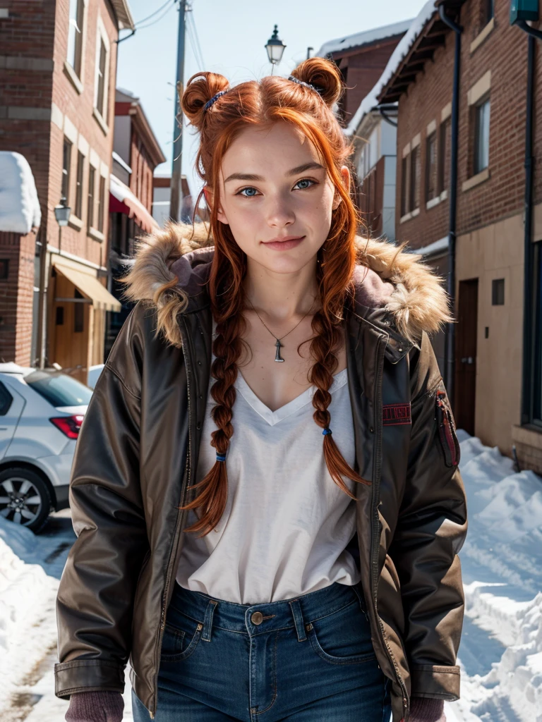 hyperrealism, (photorealistic:1.2), (photorealistic light:1.3), masterpiece, best quality, perfect detail, professional photo, realistic photo, raw photo, realistic style, detailed face, young girl 19 years old, red hair, braids, short gray hoodie colors, neckline, tight jeans, fur mittens, fur headphones, having fun, fooling around, winter, a lot of snow, clear day, looking at viewer