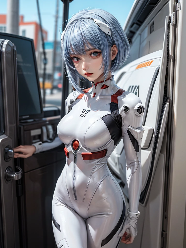 Masterpiece, Top quality, 8K, Detailed skin texture, Fine cloth texture, Beautifully detailed face, Intricate details, Super detailed, Portrait of Rei Ayanami, Blue hair, Red eyes, Looking into the distance, No background, Wearing a plug suit when boarding Evangelion, plug suit, whole body visible, standing, arms crossed, , beautiful, cute, excellent style,