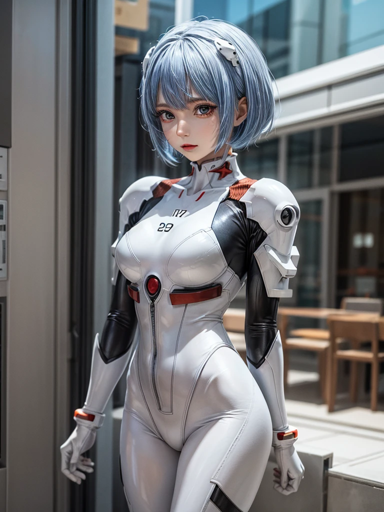 Masterpiece, Top quality, 8K, Detailed skin texture, Fine cloth texture, Beautifully detailed face, Intricate details, Super detailed, Portrait of Rei Ayanami, Blue hair, Red eyes, Looking into the distance, No background, Wearing a plug suit when boarding Evangelion, plug suit, whole body visible, standing, arms crossed, 15 years old, beautiful, cute, excellent style,