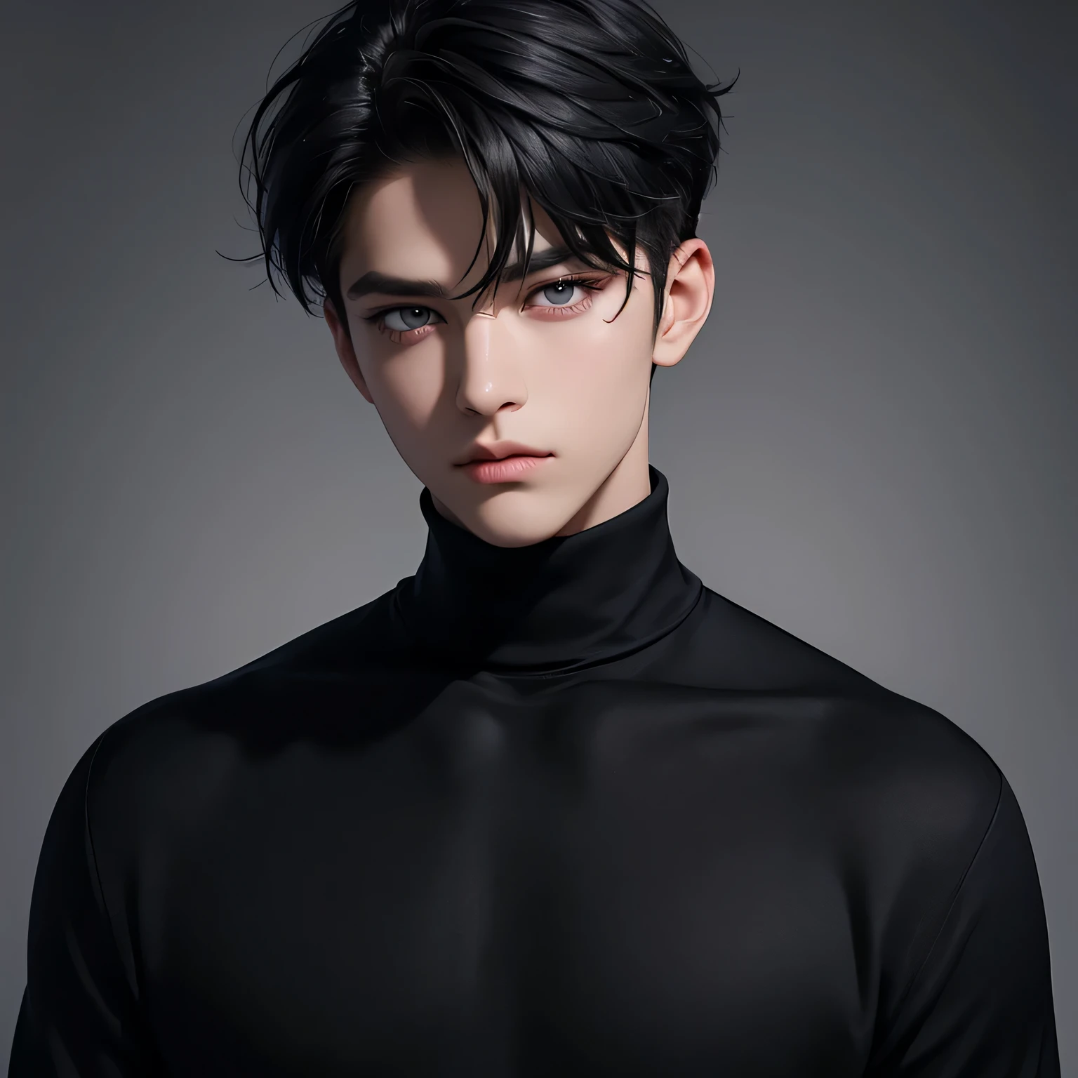 Black silk hair, pixie hair cut, 1boy, monolid eyes, light grey eyes, handsome boy, turtleneck sweater, upper body, cold stares, wide lens, looking at viewer, photo studio