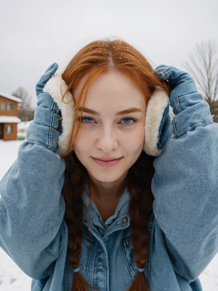 hyperrealism, (photorealistic:1.2), (photorealistic light:1.3), masterpiece, best quality, perfect detail, professional photo, realistic photo, raw photo, realistic style, detailed face, young girl 19 years old, red hair, braids, short gray hoodie colors, neckline, tight jeans, fur mittens, fur headphones, having fun, fooling around, winter, a lot of snow, clear day, looking at viewer
