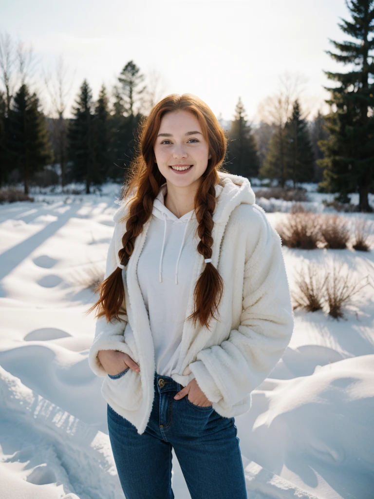 hyperrealism, (photorealistic:1.2), (photorealistic light:1.3), masterpiece, best quality, perfect detail, professional photo, realistic photo, raw photo, realistic style, detailed face, young girl 19 years old, red hair, braids, short gray hoodie  colors, neckline, tight jeans, fur mittens, fur headphones, having fun, fooling around, winter, a lot of snow, clear day, looking at viewer