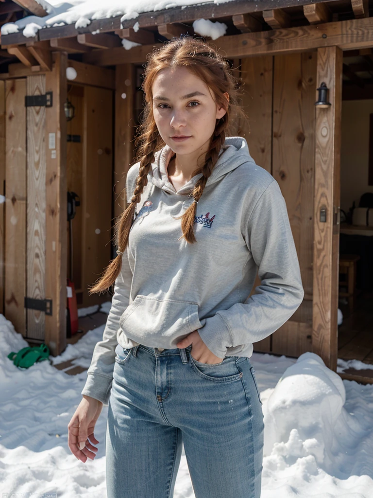 hyperrealism, (photorealistic:1.2), (photorealistic light:1.3), masterpiece, best quality, perfect detail, professional photo, realistic photo, raw photo, realistic style, detailed face, young girl 19 years old, red hair, braids, short gray hoodie colors, neckline, tight jeans, fur mittens, fur headphones, having fun, fooling around, winter, a lot of snow, clear day, looking at viewer