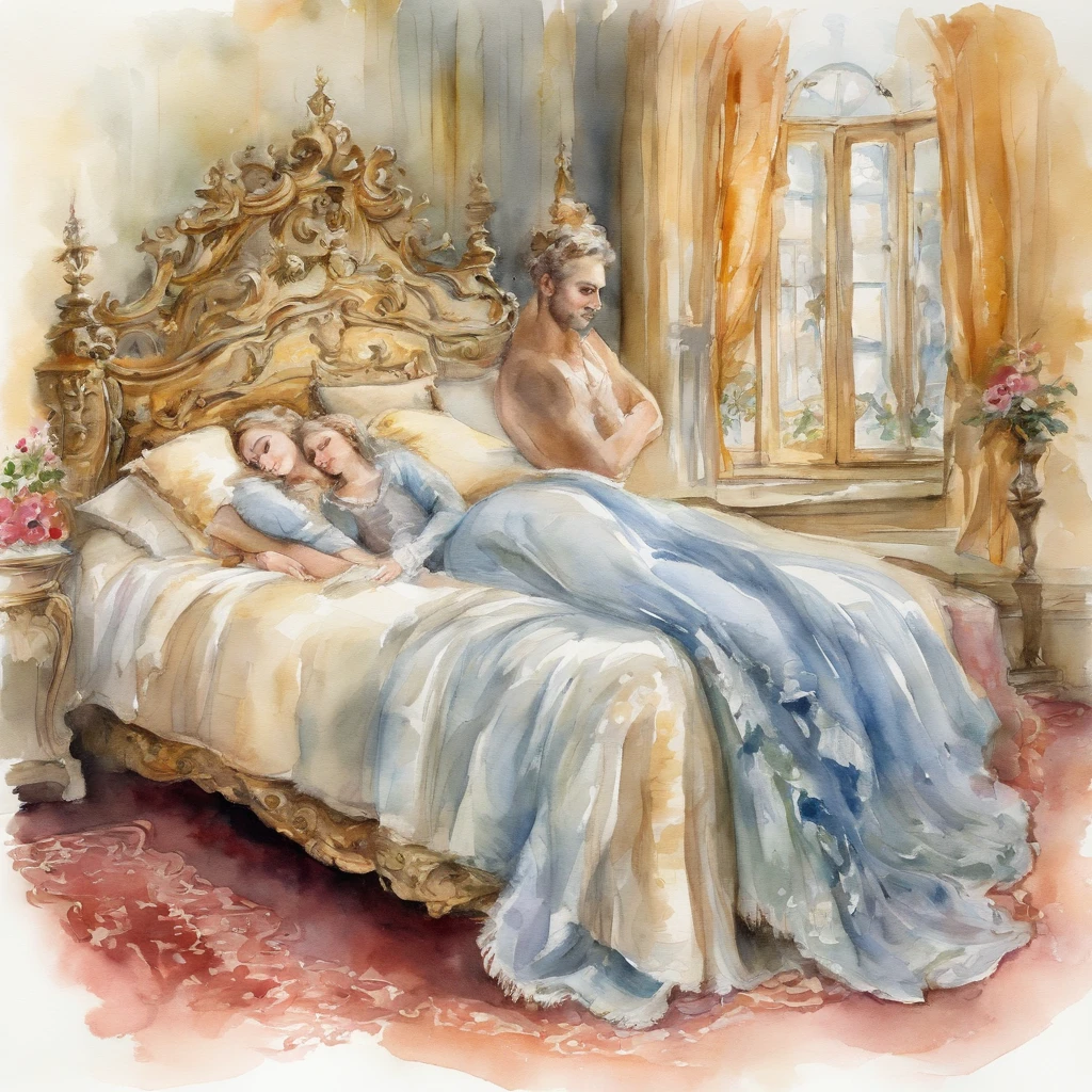 A beautiful princess sleeps in a rococo room on a king bed, The prince stands next to her and kisses her forehead, beautiful, romantic