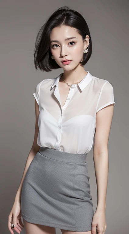 super clear resolution，highest quality，The whole body is shown,wonderful young girl，24 year old woman,ear studs，clear eyes，simple face，lip gloss，That&#39;s a perfect face，white skin，Medium chest,perfect breasts，short hair,thin legs，gray office mini skirt，black high heelachine