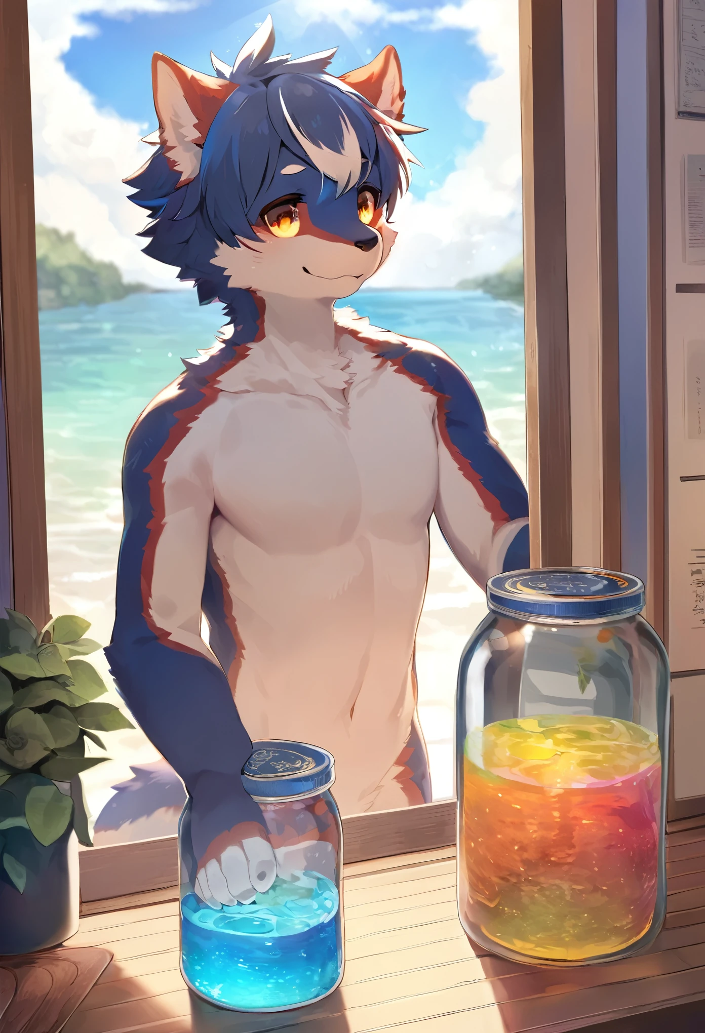 top quality, best quality, masterpiece, super high resolution, detailed background, good lighting, a big jar with colorful water(highly detailed beautiful face and eyes)absurdres, perfect anatomy(handsome 1boy, kemono, solo focus)(furry)(furry anthro:1.7)(Furry body, dog facial features, dog body features)(very detailed body fur)full body, full body, looking at view, hands on the glass,