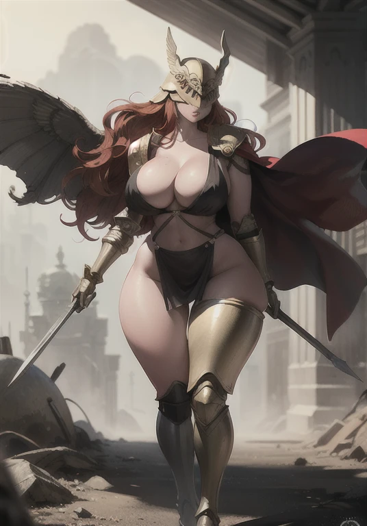 best quality, high quality, extreme detail,High detail, 1 woman solo, wearing clothes, fully clothed, single mechanical arm, prosthesis, MaleniaDef, armor, cape, helmet, brown dress, armor, helmet, , huge , , huge thighs, narrow waist, wide , thick thighs, curvy, long wavy red hair,lookig at viewer, full body in frame, full body, standing up,curvy, professionally drawn body, professionally drawn face, professionally drawn eyes, dramatic lighting, photorealistic body, accurate lighting, hard focus, shiny skin, oily skin,dynamic lighting, detailed shadows,


