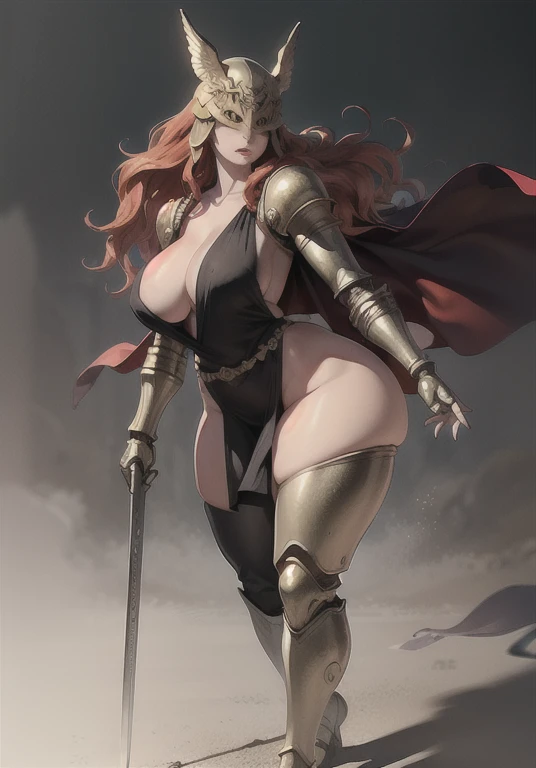 best quality, high quality, extreme detail,High detail, 1 woman solo, wearing clothes, fully clothed, single mechanical arm, prosthesis, MaleniaDef, armor, cape, helmet, brown dress, armor, helmet, ???????????, huge ???, ????????????, huge thighs, narrow waist, wide ????, thick thighs, curvy, long wavy red hair,lookig at viewer, full body in frame, full body, standing up,curvy, professionally drawn body, professionally drawn face, professionally drawn eyes, dramatic lighting, photorealistic body, accurate lighting, hard focus, shiny skin, oily skin,dynamic lighting, detailed shadows,

