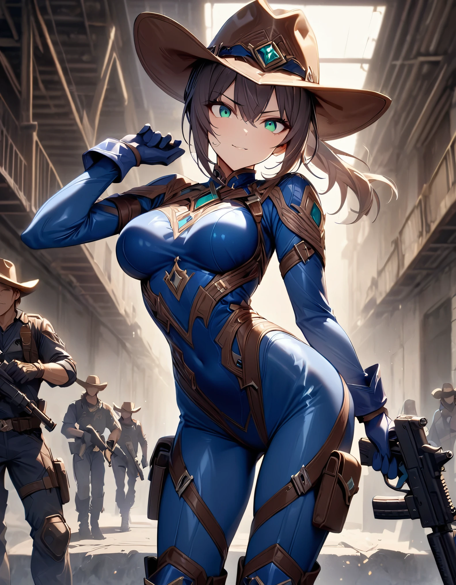 masterpiece, best quality, 1lady, solo, solo focus, (tall body), hispanic, brown hair, short hair, ponytail, blue-green eyes, medium breasts, beautiful detailed eyes, beautiful detailed face, smirk, (cowboy hat), ((bodysuit, solid blue bodysuit, (leotard, dark blue leotard), long sleeves, gloves, dark blue gloves, matching gloves, boots, combat boots, dark blue boots, matching boots)), drop-down pistol holster, knee pads, (holding weapon, assault rifle), full body with costume, full body, cowboy shot, empty warehouse, danger atmosphere,