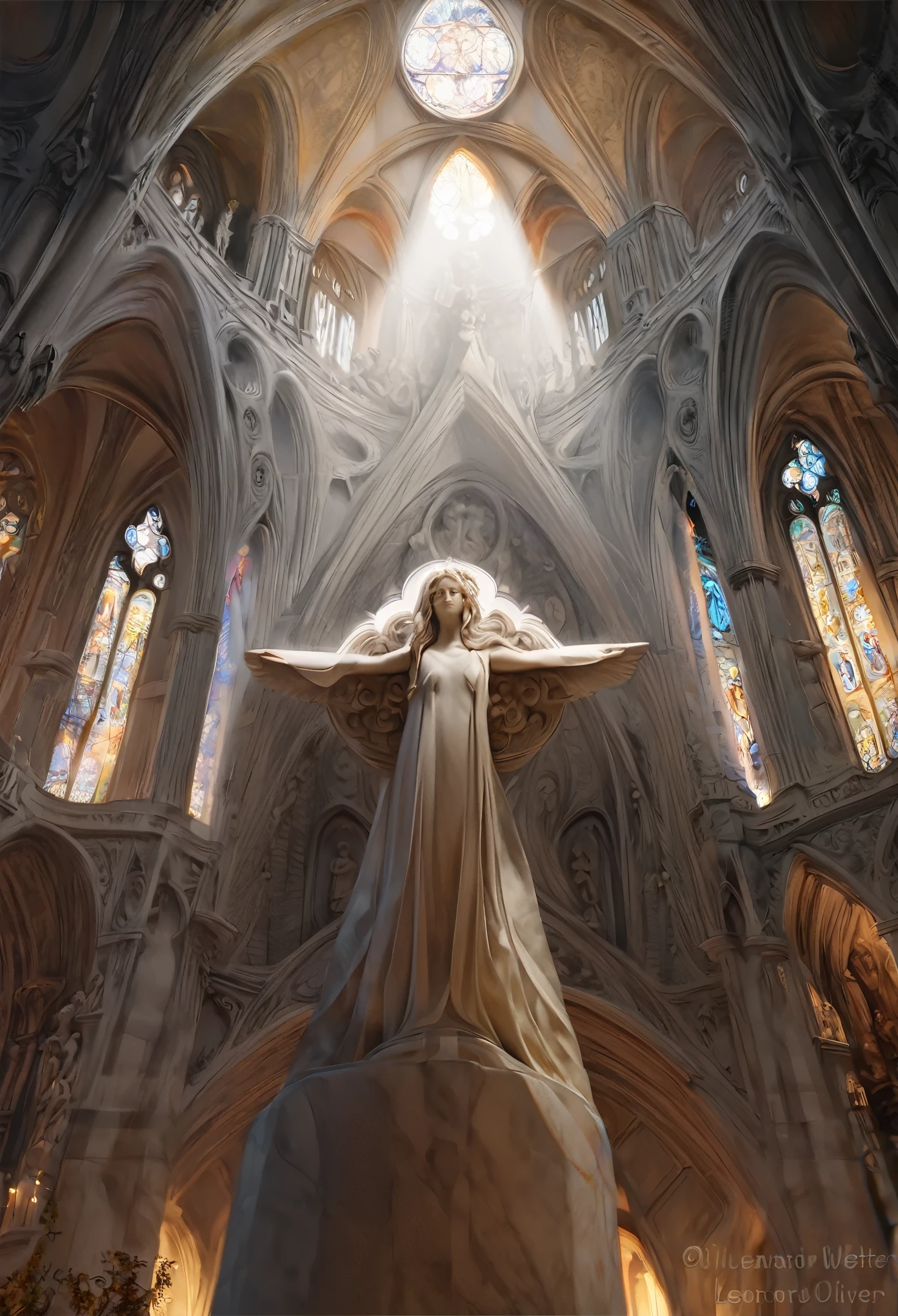 High detail RAW color art, animation, marble skin of a male angel, high angle, marble statue, (((ultra detailed elegant, beautiful face))), (crucifixion), white skin, wearing catholic robe, magical atmosphere, ((long curly hair)), (focus on face), (((gothic cathedral on background))), (detailed skin, skin texture), (intricately detailed, fine details, hyper detailed), raytracing, subsurface scattering, diffused soft lighting, shallow depth of field, by (Oliver Wetter), by Leonardo da Vinci,