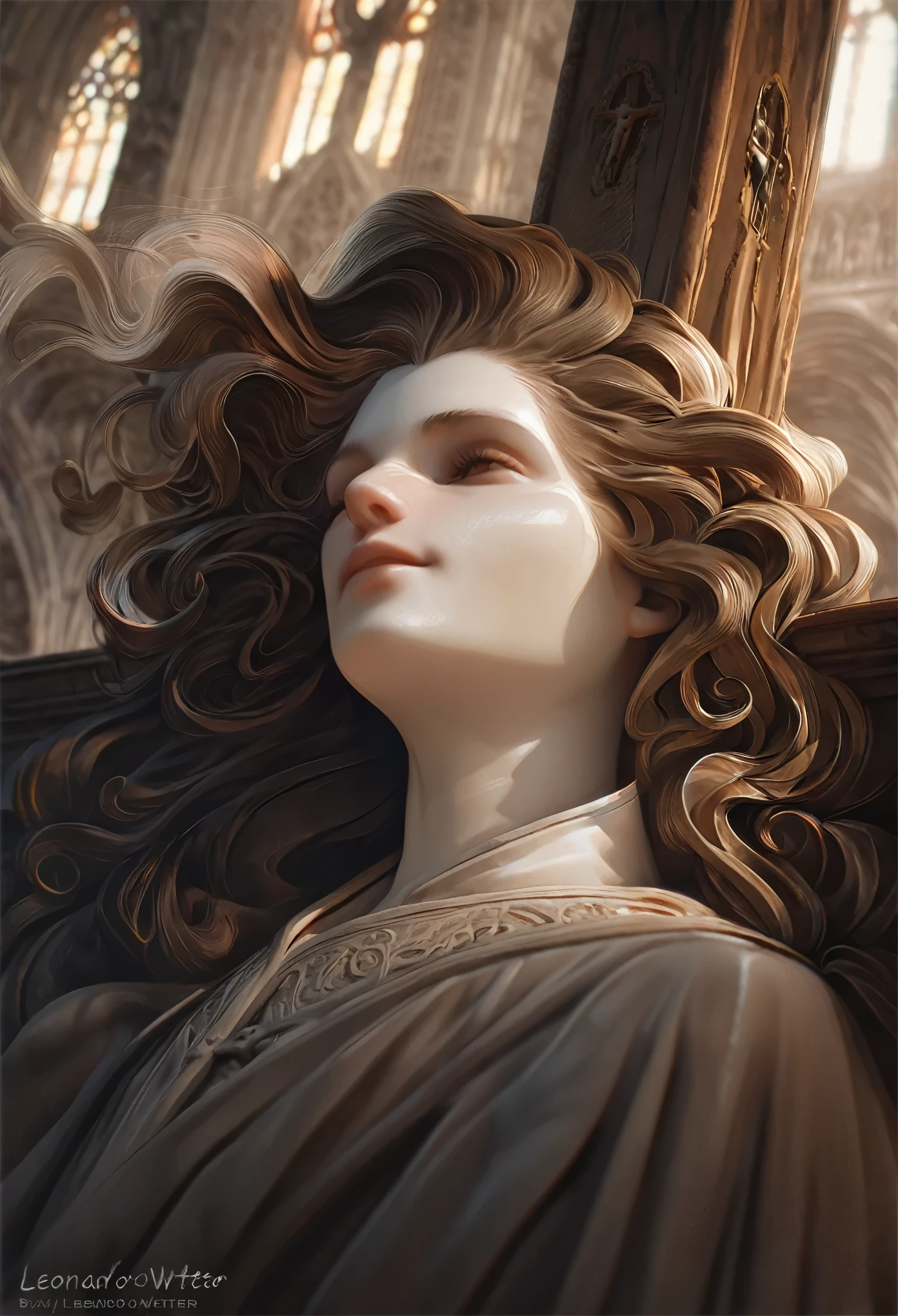 High detail RAW color art, animation, marble skin of a male angel, high angle, marble statue, (((ultra detailed elegant, beautiful face))), (crucifixion), white skin, wearing catholic robe, magical atmosphere, ((long curly hair)), (focus on face), (((gothic cathedral on background))), (detailed skin, skin texture), (intricately detailed, fine details, hyper detailed), raytracing, subsurface scattering, diffused soft lighting, shallow depth of field, by (Oliver Wetter), by Leonardo da Vinci,