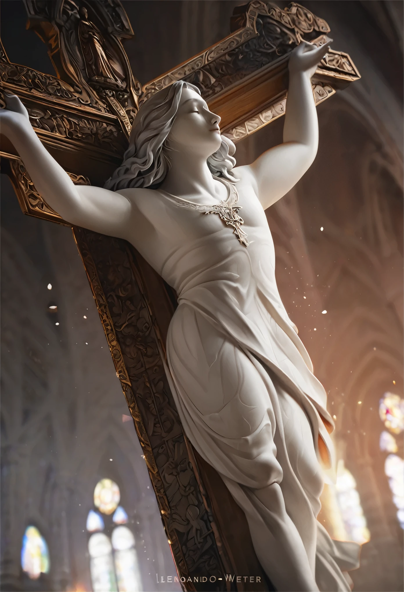 High detail RAW color art, animation, marble skin of a male angel, high angle, marble statue, (((ultra detailed elegant, beautiful face))), (crucifixion), white skin, wearing catholic robe, magical atmosphere, ((long curly hair)), (focus on face), (((gothic cathedral on background))), (detailed skin, skin texture), (intricately detailed, fine details, hyper detailed), raytracing, subsurface scattering, diffused soft lighting, shallow depth of field, by (Oliver Wetter), by Leonardo da Vinci,