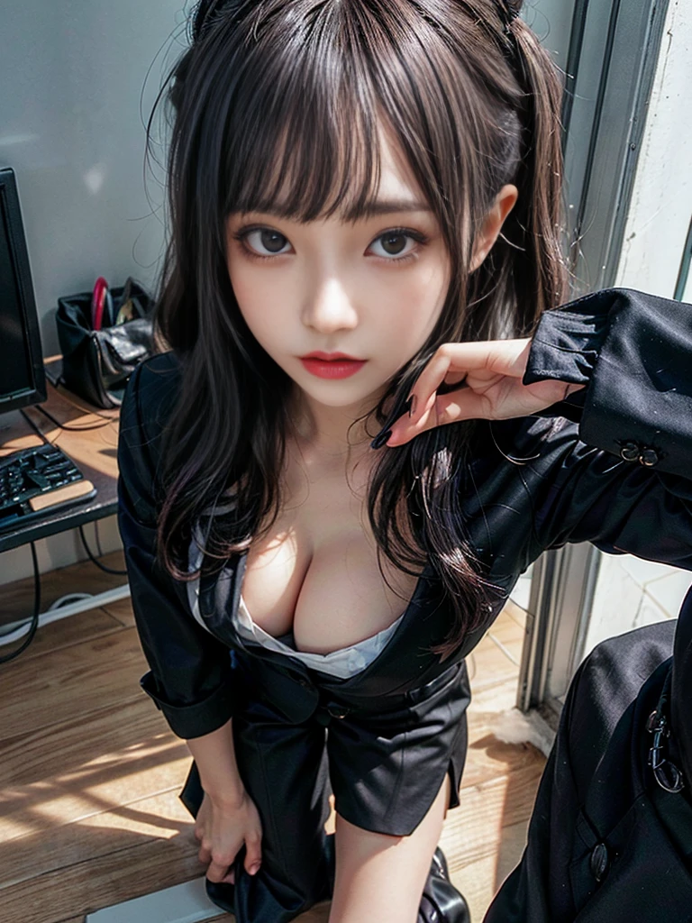 Beautiful woman, 25 years old, high ponytail, bright purple hair, perfect purple hair, Beautiful breasts, (Realistic skin),elegant upper class wearing a black pantsuit, black jacket, white shirt, cleavage visible, black pumps, and a business shirt. Elite secretary, working in the office, wearing a strict business suit, pantsuit style, wearing luxury high heels, girl wearing a shirt, wearing a business suit, wearing a business suit, black nail art, business Wearing a suit, Businessman, Business clothes, Wearing a black business suit, Wearing a white shirt and black jacket, Woman in a business suit, Business suit, Business attire, Raw photo, (8K, highest quality, Masterpiece: 1.2), (Complex Detail: 1.4), (Photoreal: 1.4), Octane Rendering, Complex 3D Rendering Super Detail, Studio Soft Light, Rim Light, Vibrant Detail, Super Detail, Realistic Skin texture, surface details, beautifully detailed eyes, highly detailed CG Unity 16k wallpaper, supplement, (detailed background:1.2),pony tail