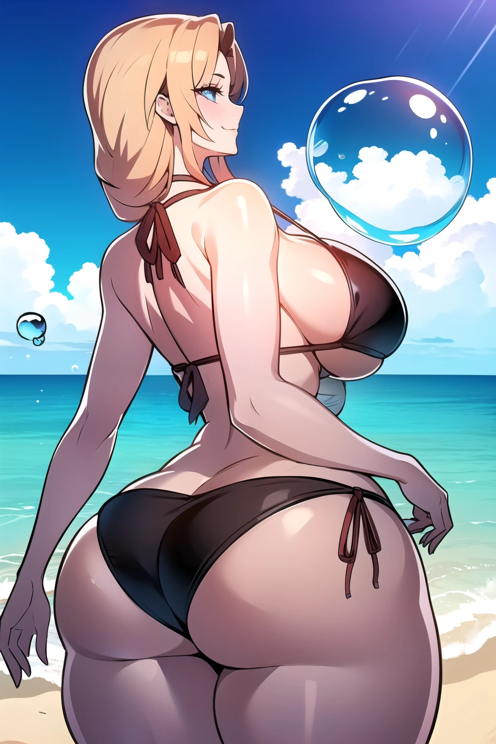 ultra realistic 8k cg, masterpiece, ((ultra detailed background, intricate detail, highly detailed, fine details best quality, hyperdetailed face)), gigantic breasts ,beautiful lighting, absurdres, BoaHancockV2, 1girl, solo, (blonde hair), long hair, jewelry, closed mouth, ), ( bare shoulders, (tight bikini: 1.4), curvy, midriff, curvy, thighs, shiny clothes), blue eyes,), ((cowboy shot)), curvy, (gigantic breasts: 1.1), seductive smile, cowboy shot, outdoor, beach, curvy ass, (big butt : 1.4), (bubble butt : 1.4), from behind, back view