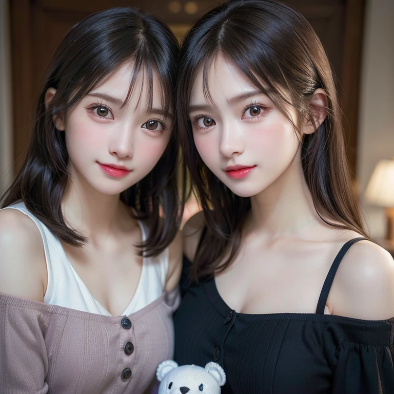 ((two little girls:1.3)), (Ultra realistic, High resolution), (highly detailed eyes, highly detailed hair, highly detailed face, Highly detailed plump lips), (off shoulder with open chest), chest, Upper body, search smile, (highest quality:1.4), Raw photo, (realistic, photo-realistic:1.37), professional photography, cinematic light, (detailed face: 1.2), (stuffed toy:1.2),