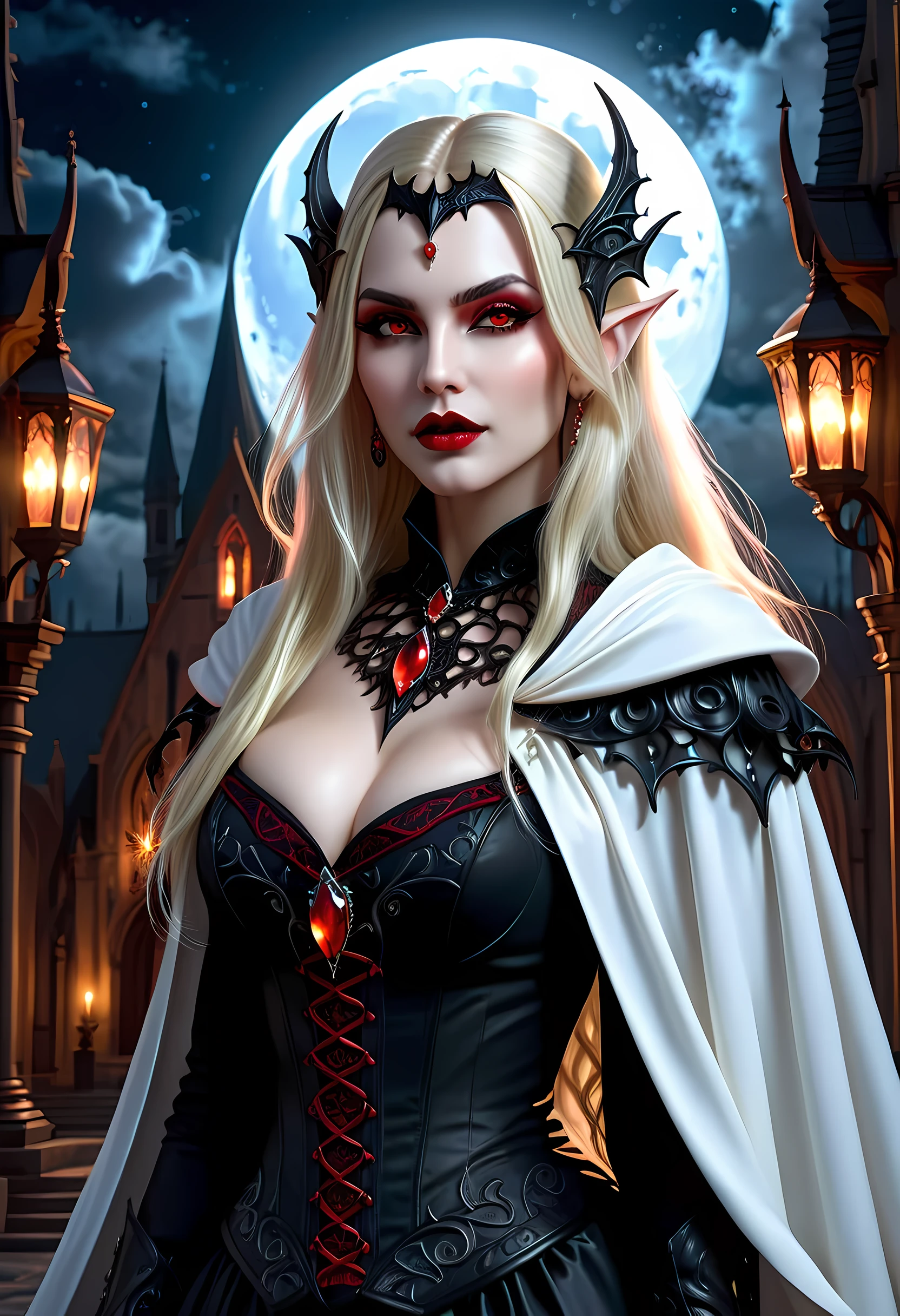 fantasy art, gothic art, (masterpiece:1.5), full body best details, highly detailed, best quality, WitchcraftPunkAI,  highres, full body portrait of a vampire, elf (Masterpiece, best quality: 1.6), ultra feminine, wizard, (intricate details, Masterpiece, best quality: 1.5) with a long curvy hair, blond hair, (red:1.3) eyes, (fantasy art, Masterpiece, best quality), ((beautiful delicate face)), Ultra Detailed Face (intricate details, fantasy art, Masterpiece, best quality: 1.5), [[vampiric fangs 1.5]] (white cloak: 1.3) , flowing cloak (intricate details, fantasy art, Masterpiece, best quality: 1.3), wearing an intricate (black: 1.2) dress (intricate details, fantasy art, Masterpiece, best quality: 1.5), high heeled boots, urban background (intense details, beat details), fantasy, at night light, natural ,moon light, clouds, gothic atmosphere, soft light, dynamic light, [[anatomically correct]], high details, best quality, 8k, [ultra detailed], masterpiece, best quality, (extremely detailed), dynamic angle