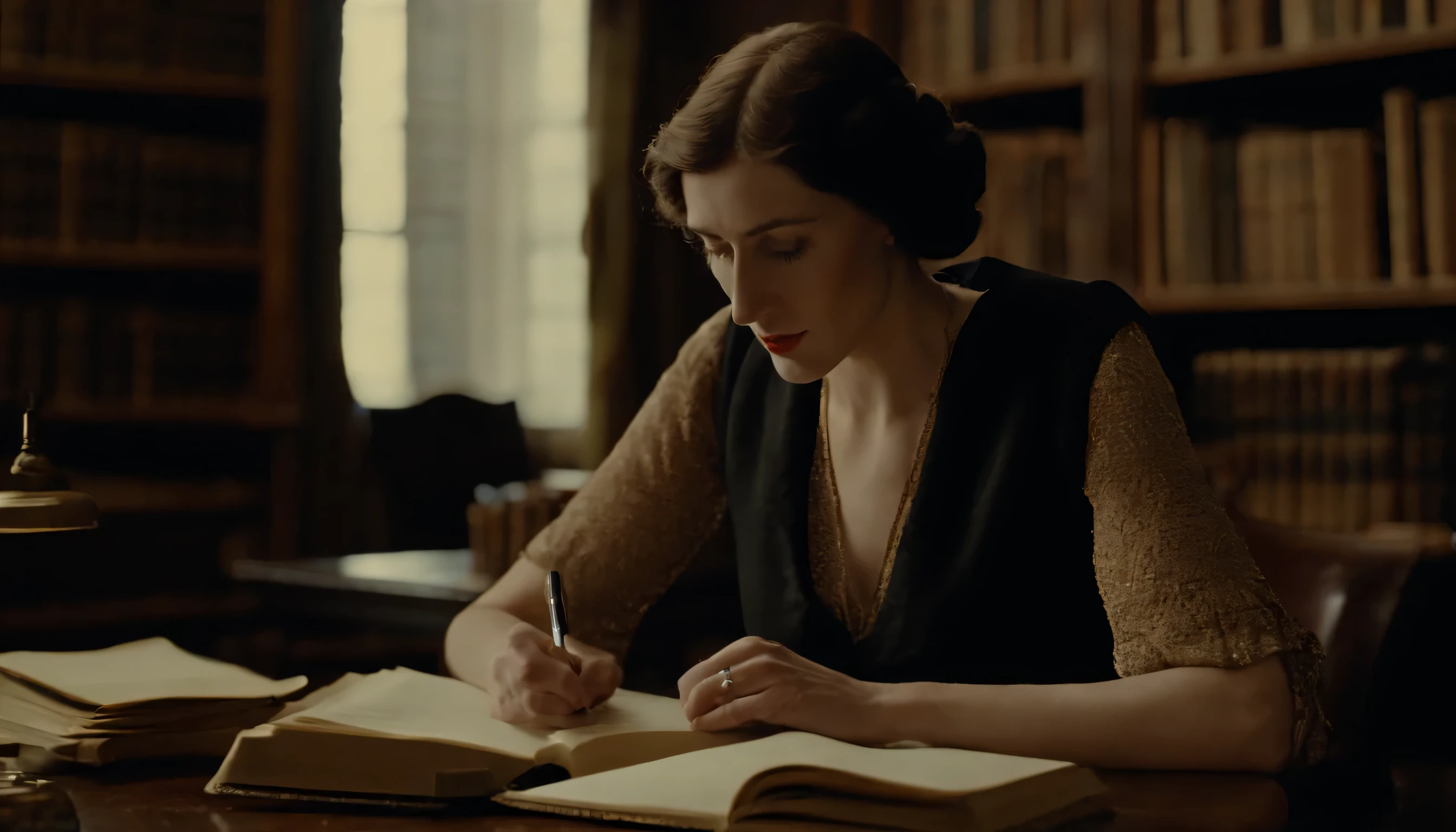 Virginia Woolf, at the age 25, black hair, while writing, in library