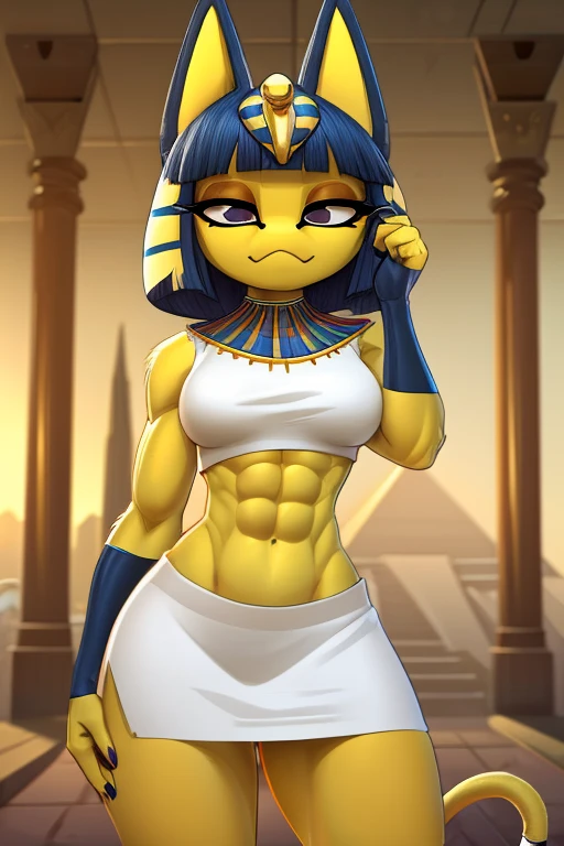 ((best quality)), ((masterpiece)), (detailed), perfect face, a digital artwork of Ankha with abs wearing a crop top of her white sleeveless dress outfit with a bare midriff and a bare navel, Egyptian setting, smug face,