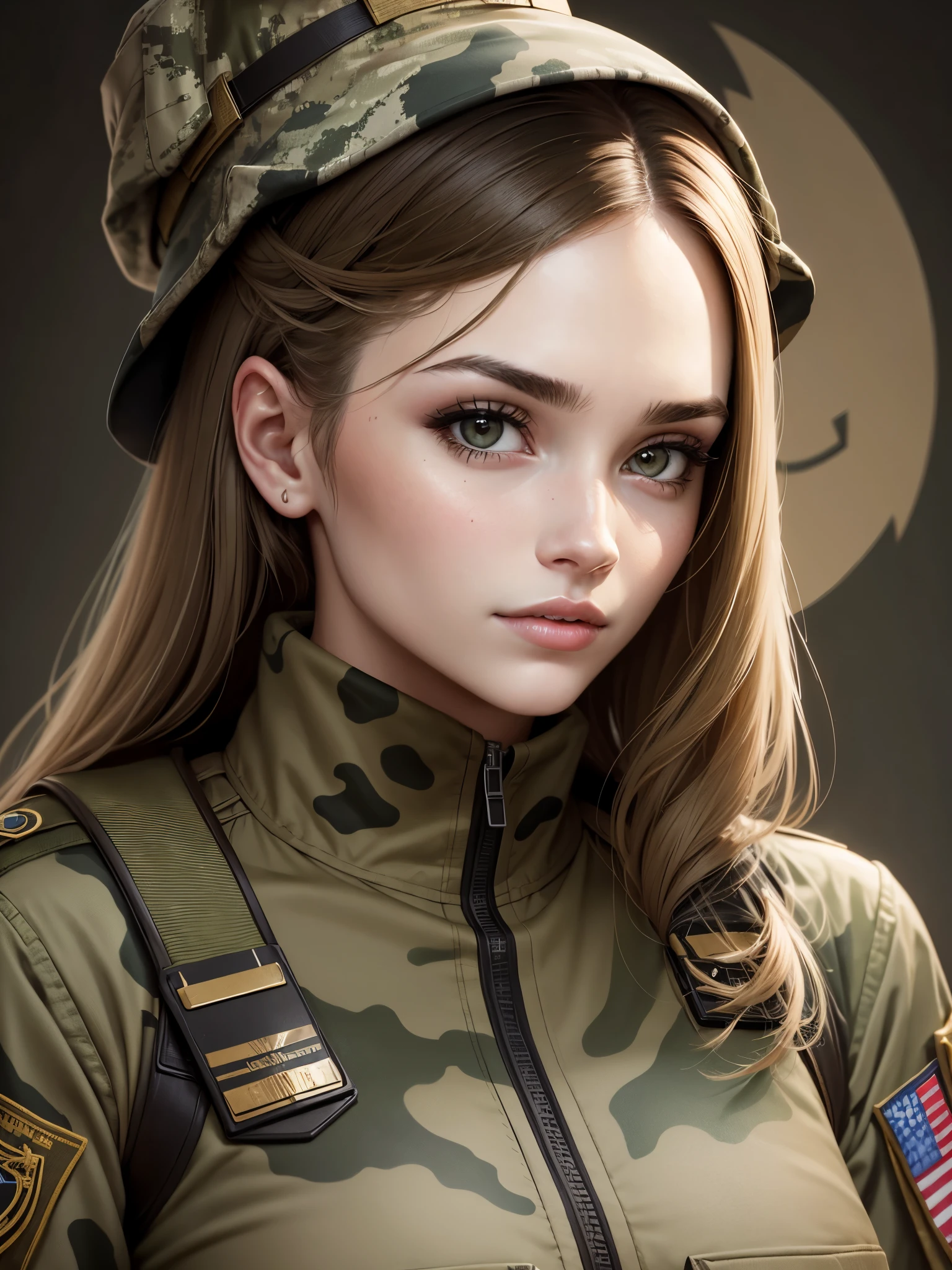 Portrait of beautiful young woman in military uniform with camouflage on face. Military concept. Woman in army