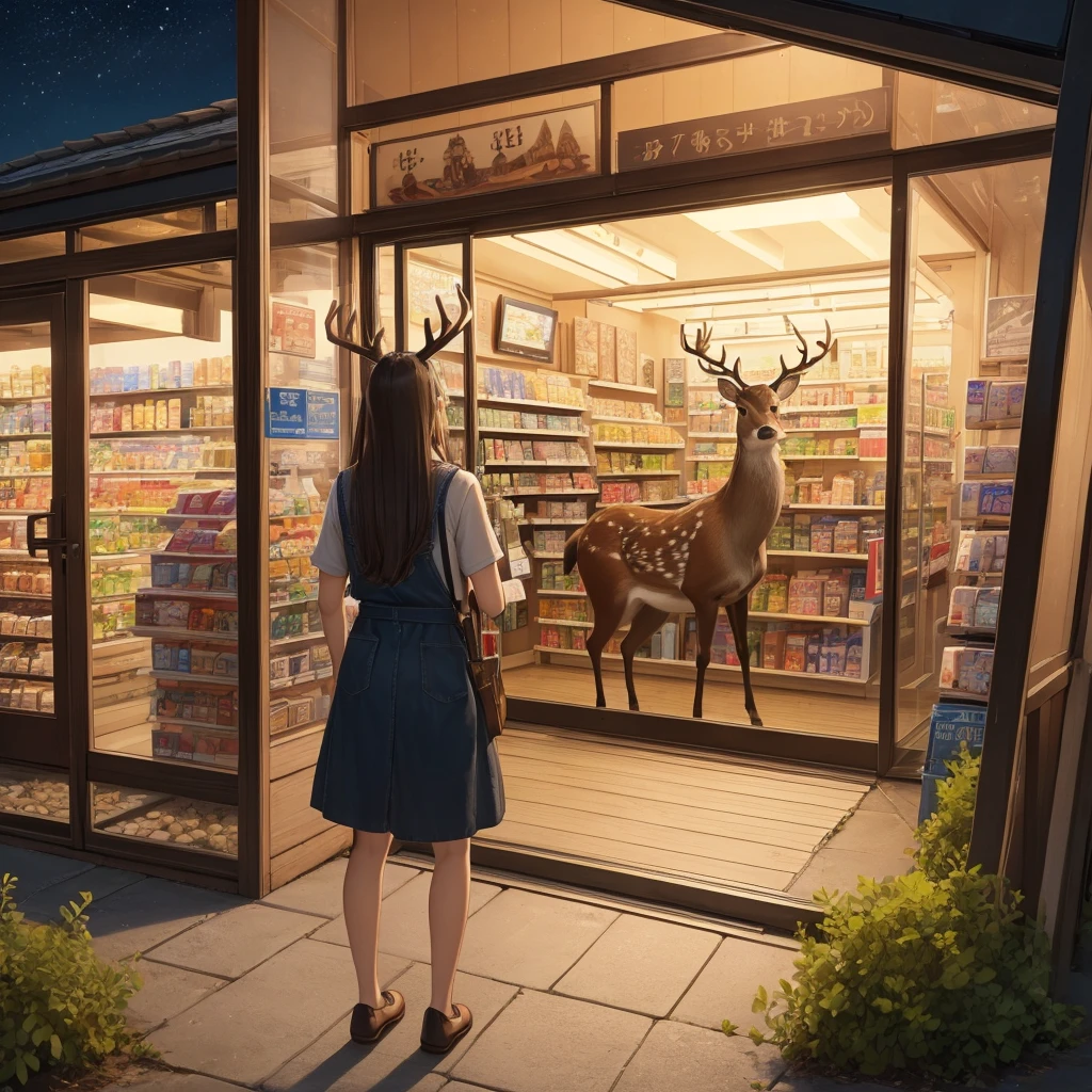 (masterpiece), (best quality), (very aesthetic), (ultra-detailed), (best illustration), realistic, midnight convenience store, deer, from behind, summer night, countryside,