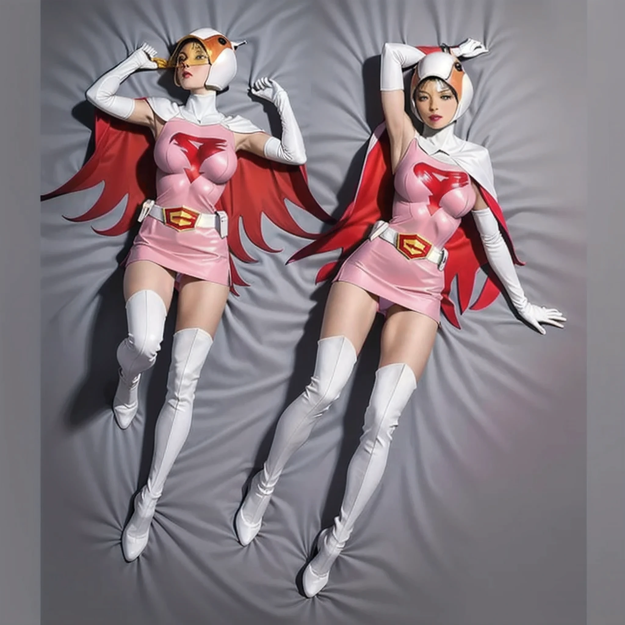 ANI_CLASSIC_jun_gatchaman_ownwaifu,1girl, s old, good anatomy, masterpiece, best quality, realistic, hyper realistic, 16k hdr,large breasts, lipstick, makeup, gloves, cape, helmet, belt, elbow gloves, white gloves, mask, ultra miniskirt, leotard, spacesuit, white tight overknee highheel boots, pink dress, superhero, bodysuit, cleavage, erected nipples,((lying flat pose, lie on bed,view from above),(spread legs:1.1),cameltoe, simple gray background