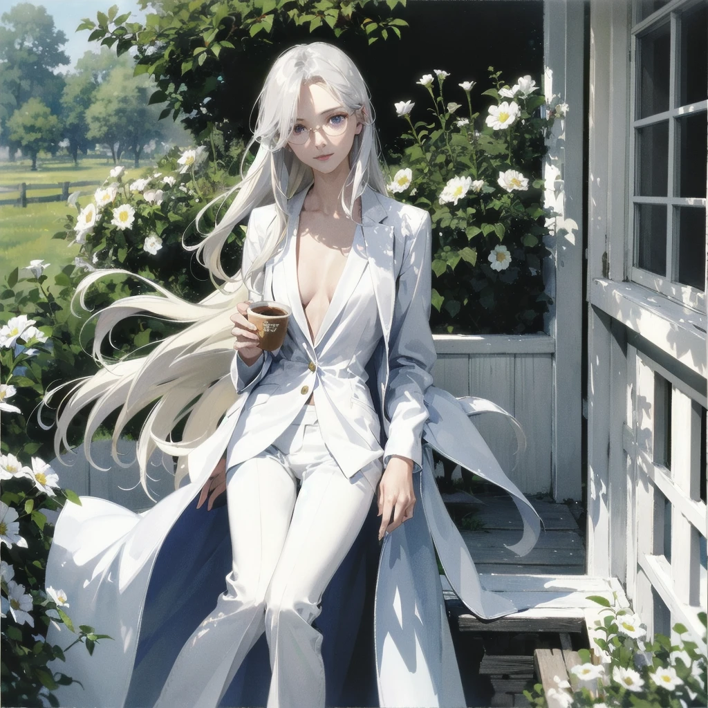 Exquisite slim stylish gentle girl 25 years old with a perfect gentle face with long straight blond silver hair (with purple eyes) naked in the rays of the rising sun with delicate beautiful breasts barefoot (in white trousers and a white jacket) (in round glasses) drinking on the veranda in the garden (Coffee) and looks at the flowers, in watercolor style, discreet light shades, Flares, imitation of film photography, against the sun, a lot of sun glare, light fills the frame