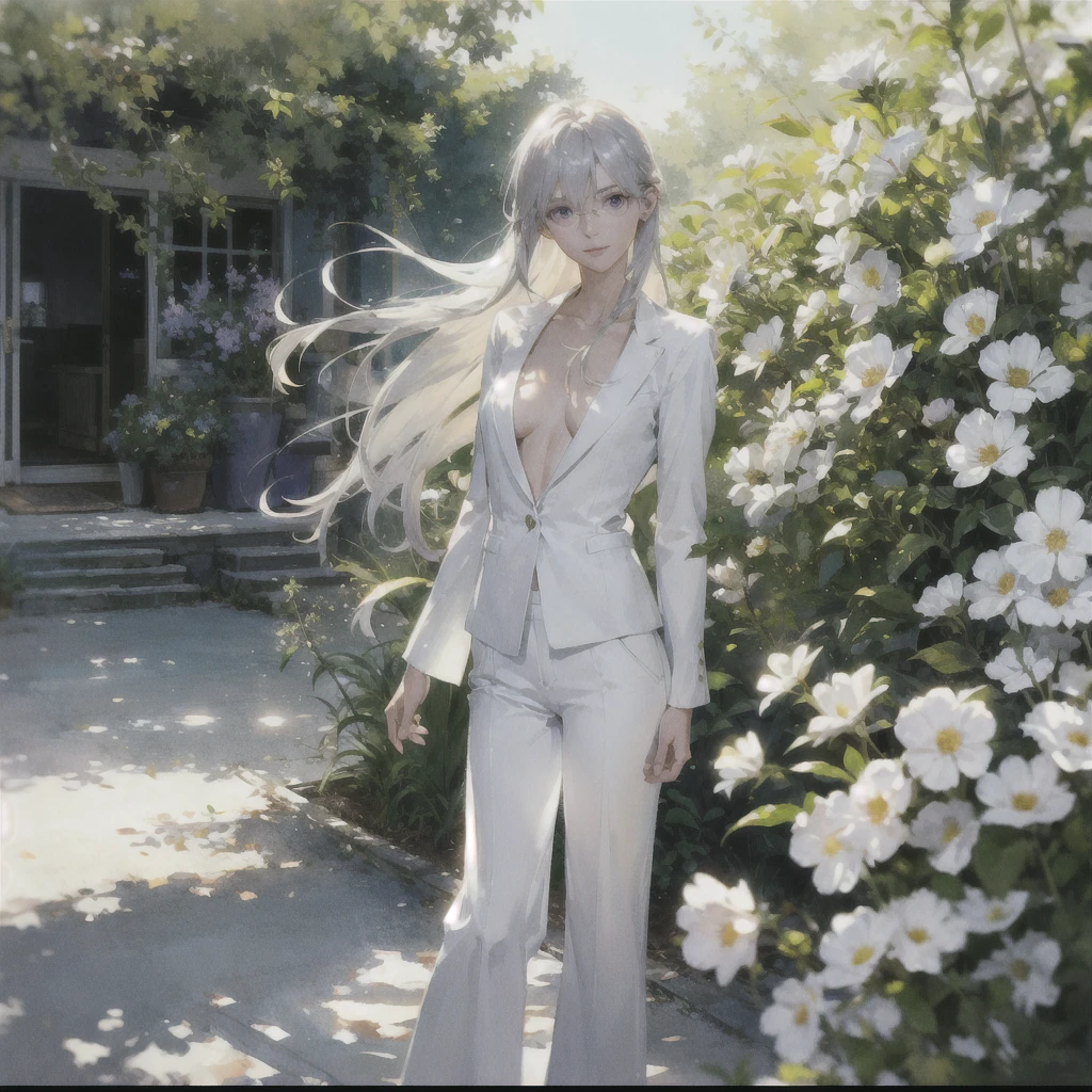 Exquisite slim stylish gentle girl 25 years old with a perfect gentle face with long straight blond silver hair (with purple eyes) naked in the rays of the rising sun with delicate beautiful breasts barefoot (in white trousers and a white jacket) (in round glasses) drinking on the veranda in the garden (Coffee) and looks at the flowers, in watercolor style, discreet light shades, Flares, imitation of film photography, against the sun, a lot of sun glare, light fills the frame