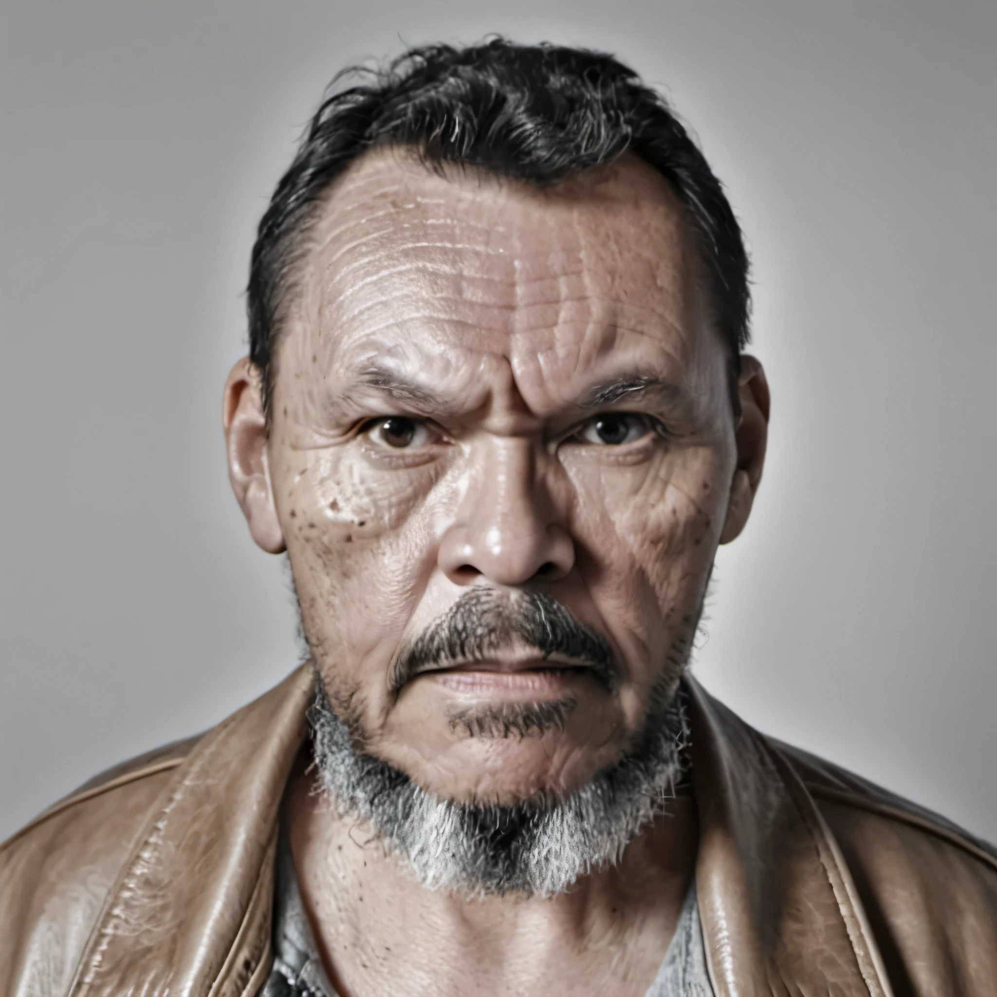 gutto2024abr, B&w portrait of a middle-aged man, detailed skin face, expression wrinkles, lumberjack style gray beard, raw beige leather jacket, white T-shirt without print, stiff countenance. Ultra detailed scene, dslr camera with 50mm Lens, soft studio lighting, ((vignette))
