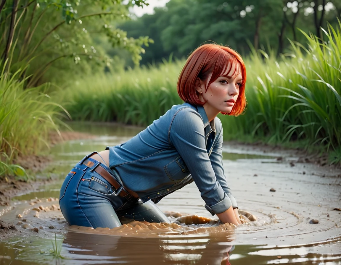 (best quality,4k,8k,highres,masterpiece:1.2), ultra-detailed, grainy film photo, (realistic,photorealistic,photo-realistic:1.37), 70s setting:1.2,woman with red bob-cut hair, dressed inblouse and (Levis soaking wet jeans), She falling on her butt into soft mud while (simulates intercourse:1.2). Her facial expression reflects gloomy ???????. The nature surrounding her - green trees and grass, bushes and small stones are visible in the background. Light falls through the foliage, creating patterns on the surface of water and silt. An atmosphere of mystery and exploration of one’s own feelings, freckles, sweat, blush, levis jeans