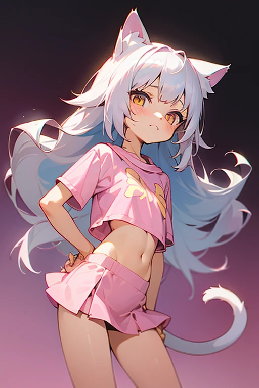 1girl, silver hair, golden eyes with pupils, ((skinny)), ((petite)), small, ((neko)), (cropped solid pastel pink tshirt), long hair, short skirt, (((kid))), cat ears, happy, blush, midriff, at school