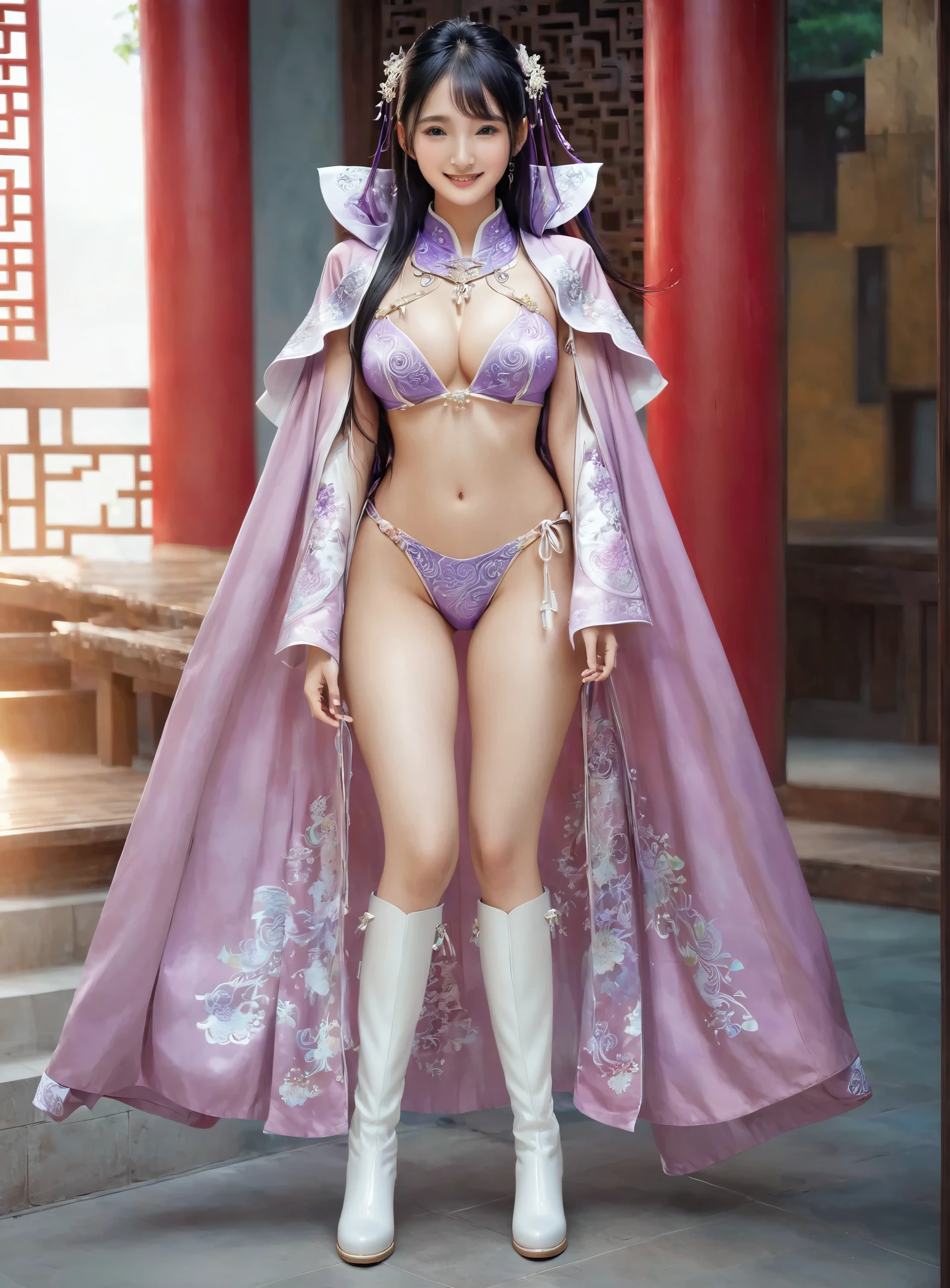 美麗的fantasy皇后, anime goddess, sweet smile, full body xianxia, ((美麗的fantasy皇后)), Sexy red bikini underwear,high-cut underwear,high cut underwear,Long-legged girl,put on boots,white boots,huge breasts,put on your hat, Chinese Hanfu,fantasy服装, Sha Xi, ((美麗的fantasy皇后)), Put on a priest's cloak, full body purple cloak, 穿着fantasy服装, Anime girl cosplay watching the audience,Face the audience,put your hands next to you,flowing long hair,Surreal 8000g,Impeccable,masterpiece,professional artwork,famous artwork,Light,movie bloom,perfect face,pretty face,fantasy,Dreamy and magical,not real,intricate details,Exquisite patterns