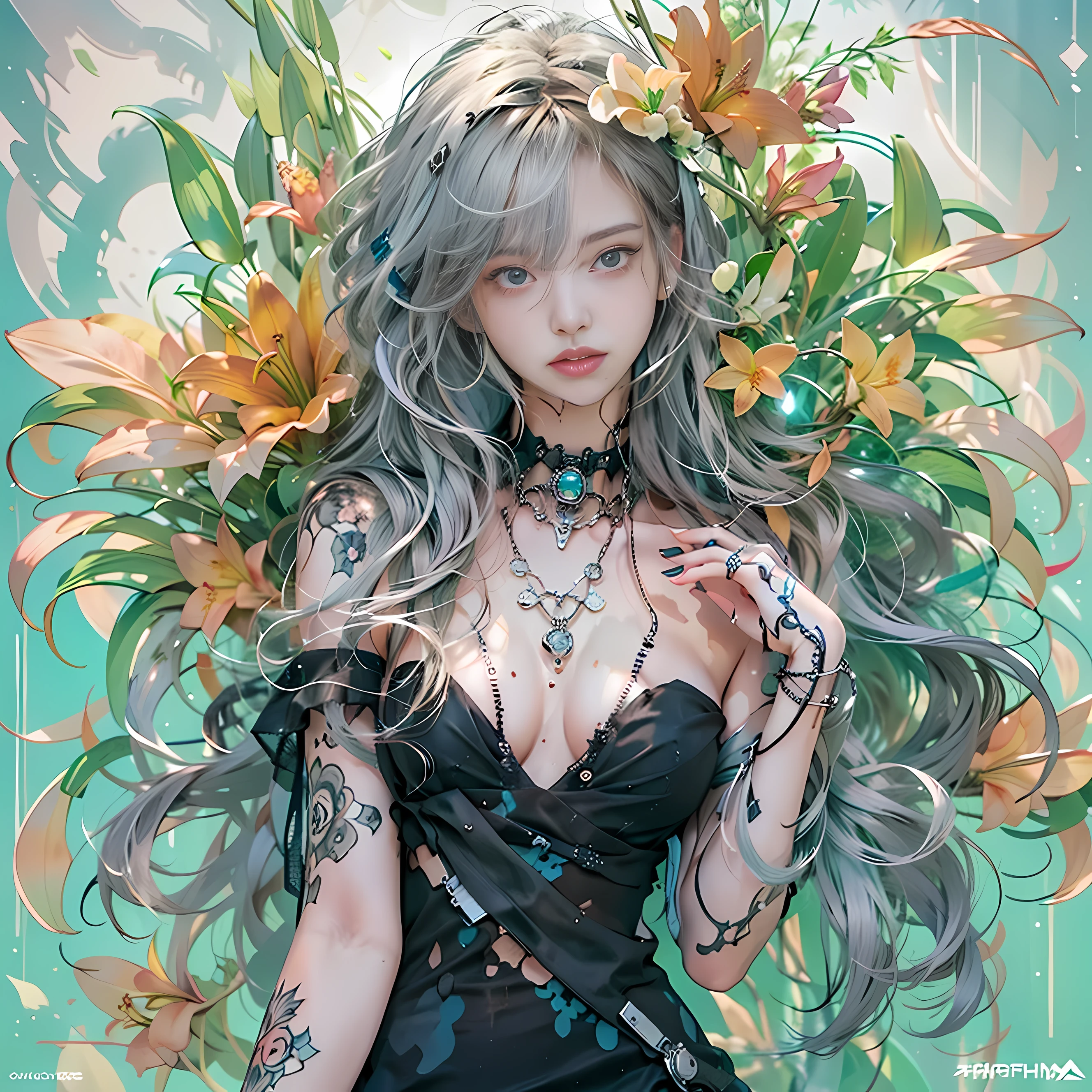 ((One, 1 girl, tattoos, glowing tattoos, brilliant, white-fluffy 16+), (skull, Flowers), (black transparent dress-clothing)), (sexual, erotic)) _((Delicate scarlet lips), (straight black hair - long, basic moments, blue, cascade), (multi-colored brilliant hair), (cool shine, Wet straight hair))_((stylization; clear line, clear outline, high quality line drawing, shading))_((simple color palettes), (color fill, Color saturation, saturation, harmony, balance), (rich pastel colors, Pure colors), (cyberpunk))_((sexual, erotic), (simple, Minimum accessories), (Necklaces and thin rings made of silver or gold.), (simple bracelets, unusual designs, simple silhouettes), (erotic style))_((background),(abstract minimalism), (stunning cybernetic Flowers), ( lilies, extremely unusual, long stems - large stems, skull, Flowers)).