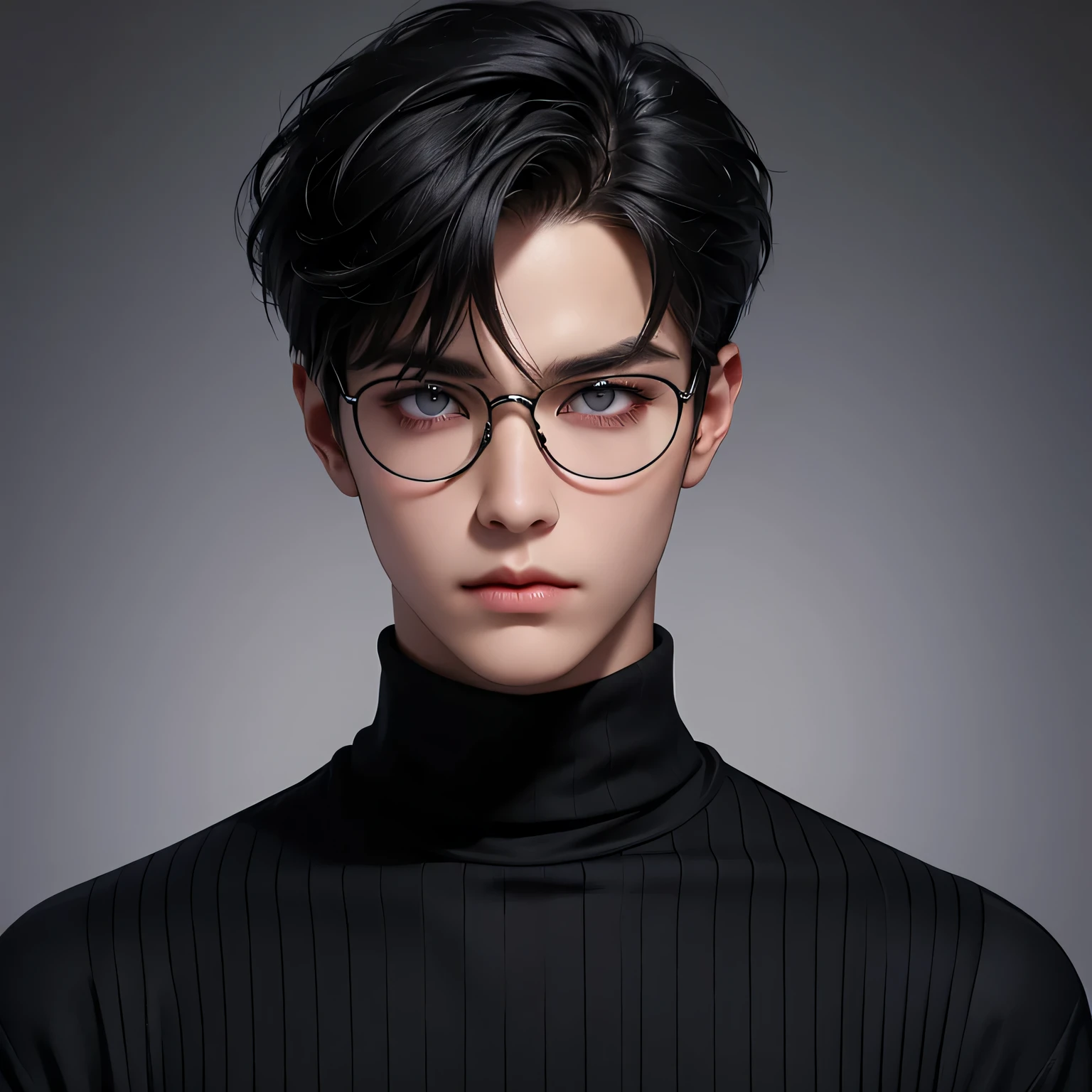 Black silk hair, pixie hair cut, 1boy, monolid eyes, light grey eyes, handsome boy, turtleneck sweater, transparent glasses, comfy outer, upper body, sharp eyes, cold stares, wides lens, looking at viewer, photo studio