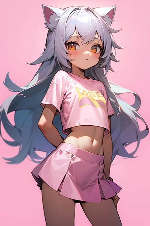 1girl, silver hair, golden eyes with pupils, ((skinny)), ((petite)), small, ((neko)), (cropped solid pastel pink tshirt), long hair, short skirt, (((???))), cat ears, happy, blush, midriff, at school