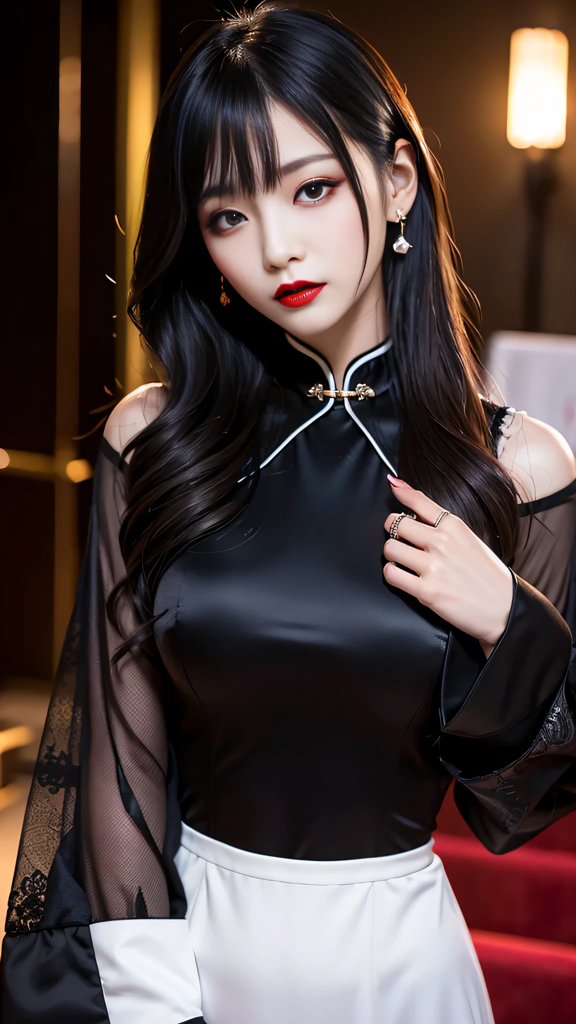 tra-detailed、Japanese、attractive beauty、seductive adult woman、pretty woman、piercing eyes、cool girl、wavy hair、swept bangs、Long Black Cheongsam、wide sleeves、Evil cadres、evil depravity、brainwash、mind control、lipstick、lip gloss、dark makeup、smirk、whisper in your ear、Evil expression、evil、hollow eyes,half-closed eyes、empty eyes、evil、church at night、vampire、succubus、vampire、Hypnosis、Swear allegiance、sexy pose、