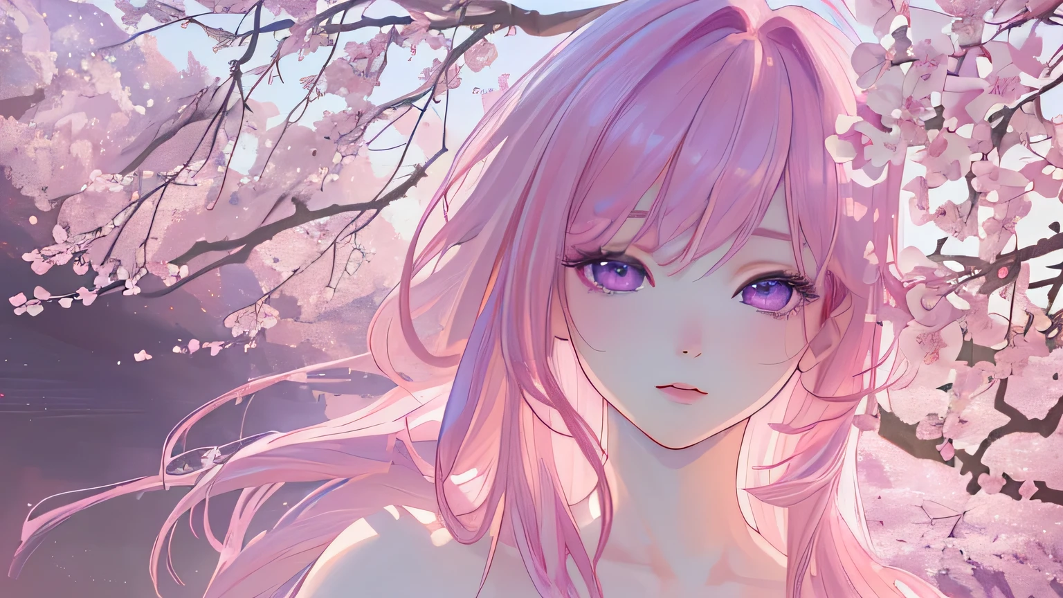 (best quality,4k,8k,highres,masterpiece:1.2),ultra-detailed,(realistic,photorealistic,photo-realistic:1.37),Portrait of 1 girl with pink hair and purple eyes, detailed beautiful face, cherry blossom trees, purple soft atmosphere, elegant pose,soft, pastel colors,dreamy lighting