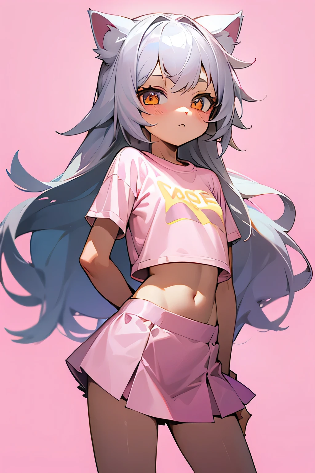 1girl, silver hair, golden eyes with pupils, ((skinny)), ((petite)), short, small, ((neko)), (cropped solid pastel pink tshirt), long hair, short skirt, (((???))), cat ears, happy, blush, flat chest, midriff, at school, hand on tummy, belly rub